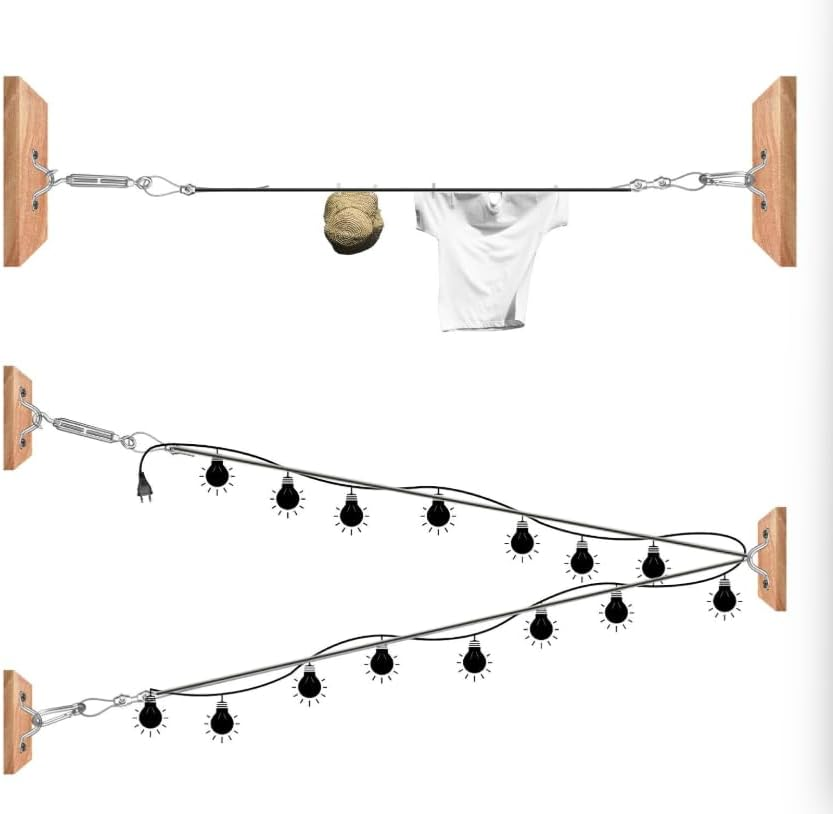 50 Meters Stainless String Lights Hanging Suspension Cable Kit,Yenghome Outdoor Light Guide Wire Rope,Vinyl PVC Coated 304 Stainless Steel Wire Cable with Turnbuckles,Screws and Hooks image number 6