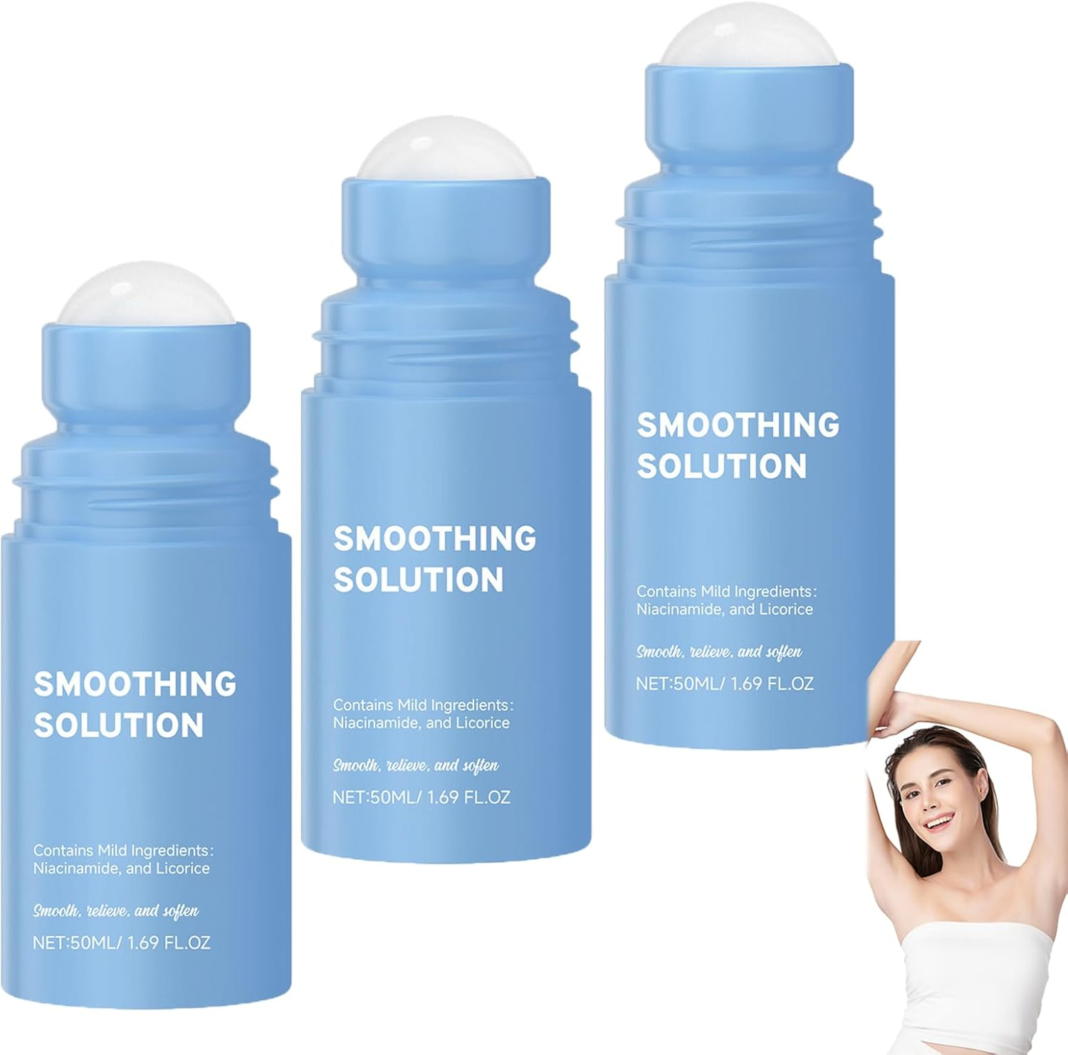 Smoothing Solution Ingrown Hair, after Shave Soothing Roll-On Serum for Underarms, Gently Cleanses Armpits Moisturizing and Soothing Skin Serum, after Shave Oil for Women, Brightens Dark Spots (3Pcs) image number 2