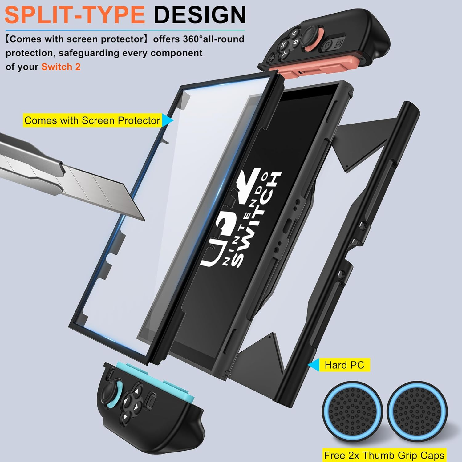 Protective Case for Nintendo Switch Lite, Full Protection Switch Lite Cover, TPU Shock-Absorption and Anti-Scratch for Nintendo Switch Lite Skin with Bult-In Screen Protector & Thumb Grip Caps, Black - Black image number 2