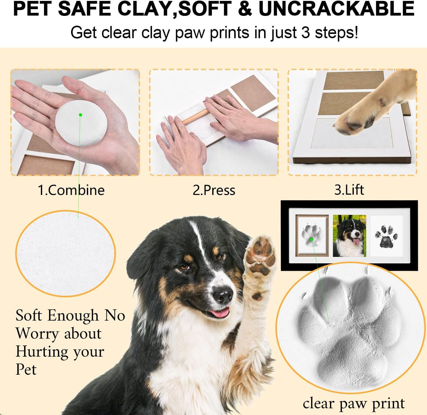 Dog Paw Print Photo Frame Kit with No Toxic Clay & No Mess Ink Pad, Wooden Pet Memorial Picture Frames, Dog Paw Print Kit Keepsake, Cat Paw Print Impression Kit, Memorial Gifts for Pet Lovers, Black, Paw Print Kit White Frame image number 1