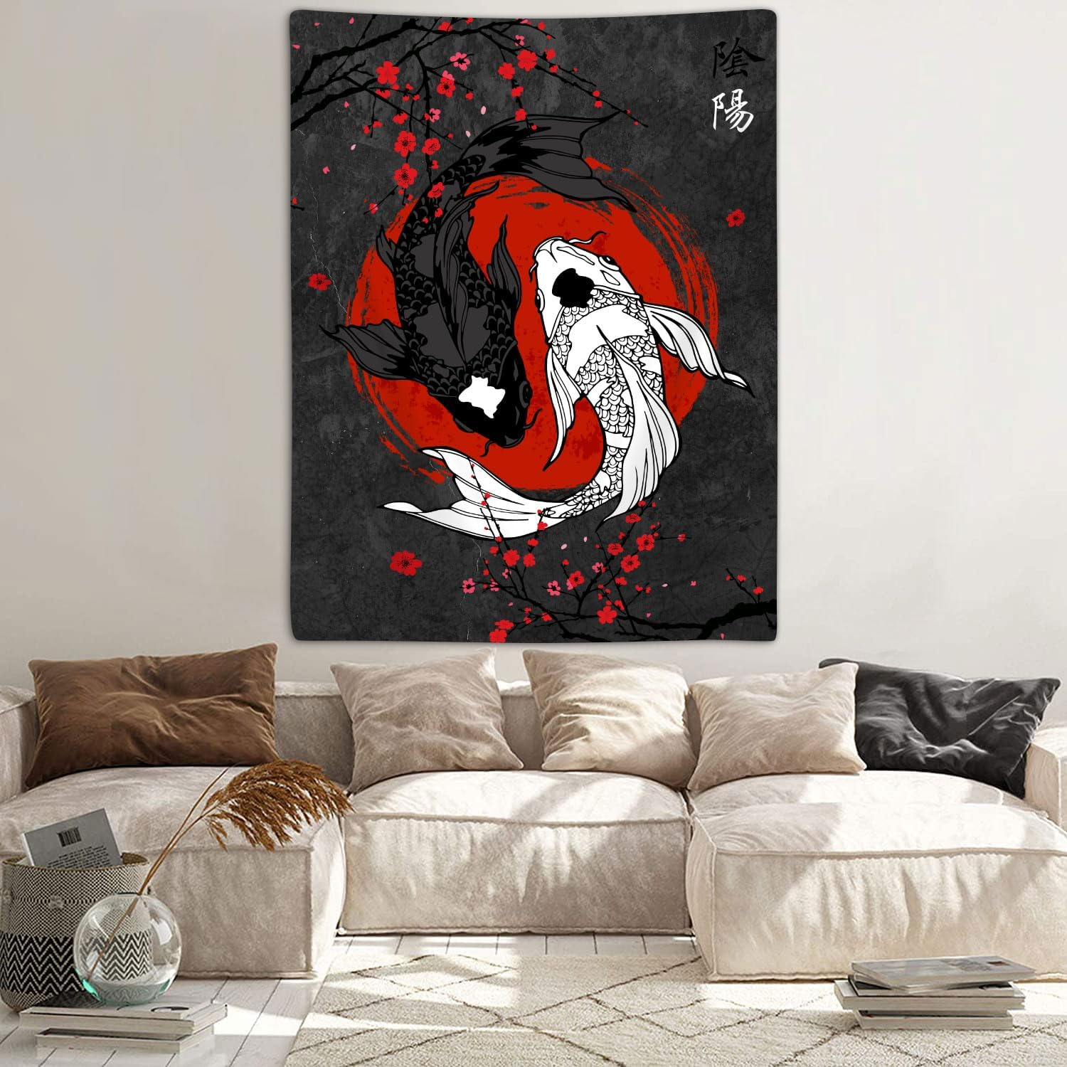Japanese Yin Yang Koi Fish Tapestry, Cool Red and Black Anime Sakura Art Tapestries Vertical Wall Hanging for Men Bedroom Living Room Office Decor 40X60", Asian Cherry Blossoms Poster Blanket image number 4