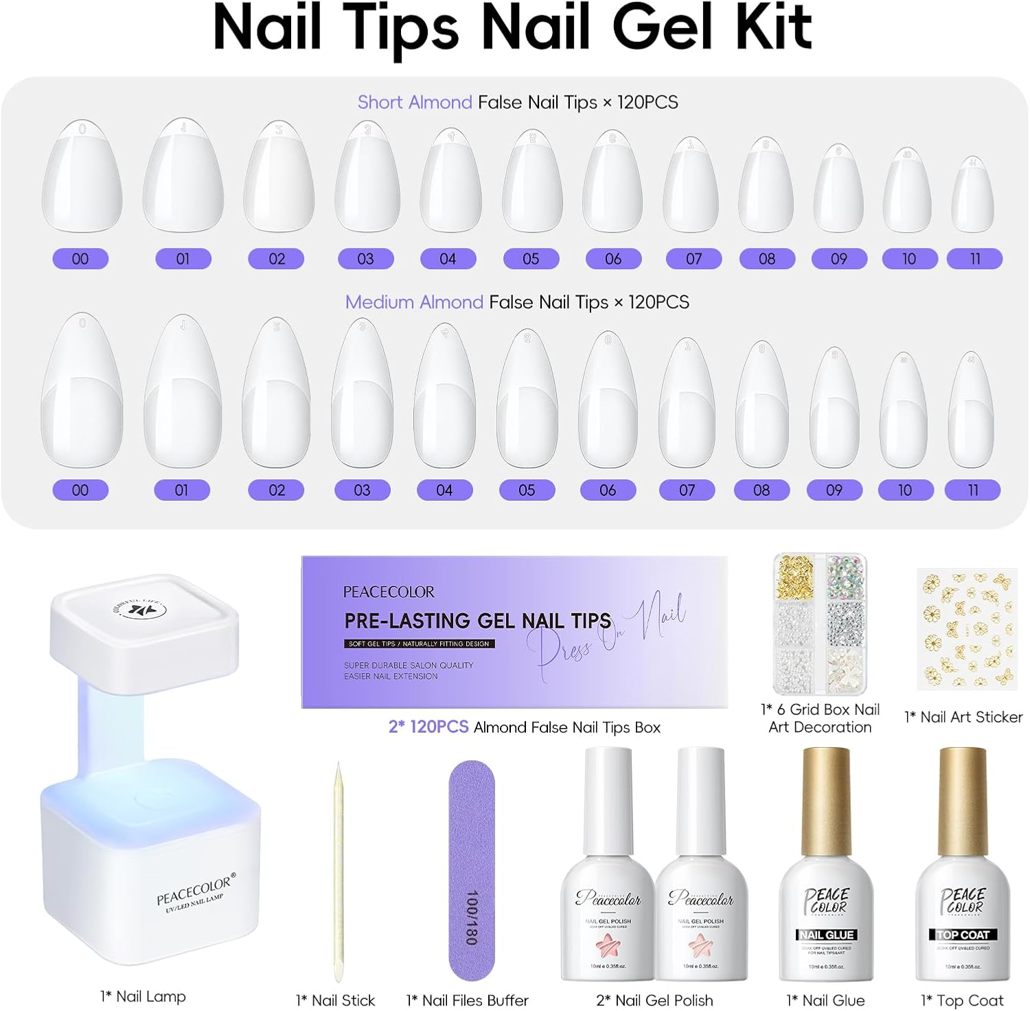 PEACECOLOR Gel Nail Kit, 240Pcs Short Medium Almond Nail Tips with U V Light 2PC Jelly Gel Polish Nail Glue Top Coat Stickers Rhinestones Easy Extension Set DIY Salon Gifts for Women image number 5