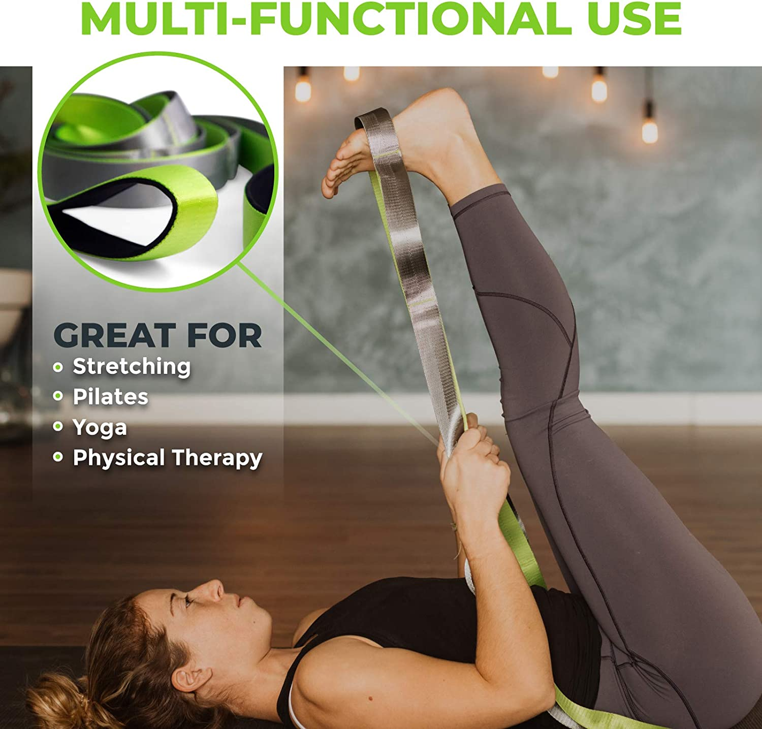 Gradient Fitness Stretching Strap, Premium Quality Multi-Loop Strap, Neoprene Padded Handles, 12 Loops, 1.5" W X 8' L - Green | Grey image number 6