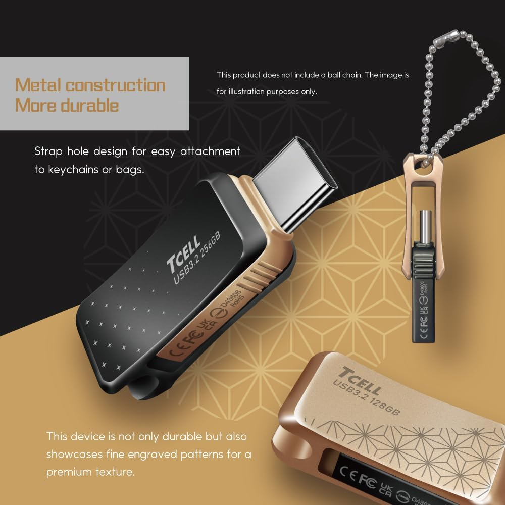 TCELL High Speed Dual Flash Drive with Zinc Alloy Design,Nezuko Asanoha Gold 64GB USB 3.2 Type-C OTG 2-In-1, Read Speed up to 200Mb/S, Compatible with Usb/Iphone/Ipad/Ipod/Mac/Ipad Air/Mini/Android image number 3