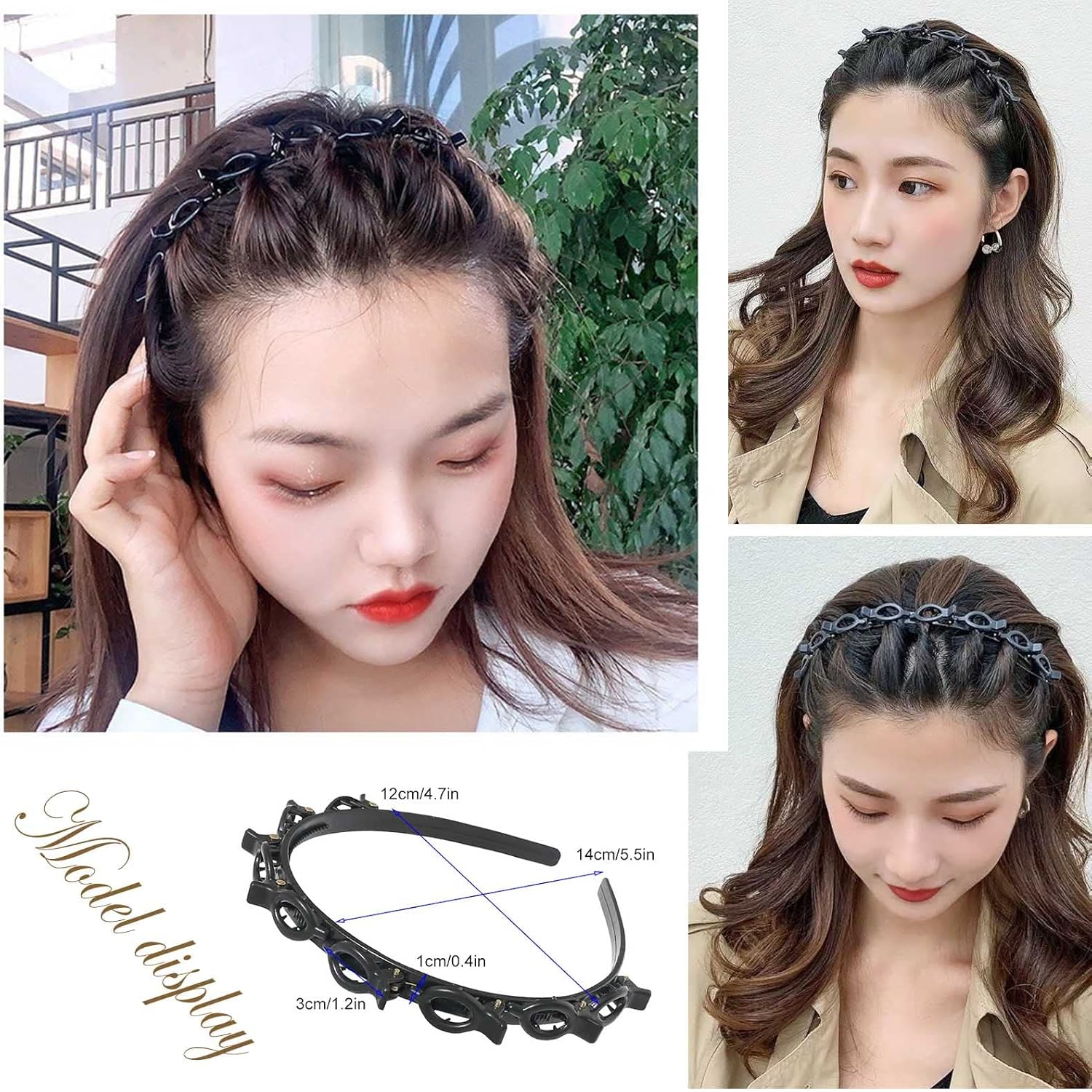 Tseenyi Layered Double Bangs Hairpin Hairband Braided Headbands Double Layer Twist Plait Hair Tools Jewelry for Women and Girls Valentine'S Day(Black 1Pcs) image number 6