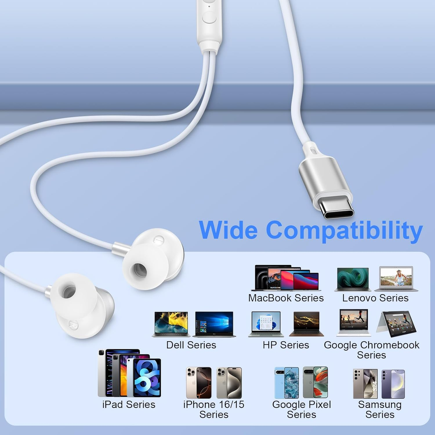 Wired Earbuds for Iphone 17/Air/17 Pro/17 Pro Max/16E/16/16 Plus/16 Pro Max/15 Plus/15 Pro/15 Pro Max Ear Buds USB C Wired Headphones Type C Earphone with Microphone, Volume Control, Noise Canceling - White image number 5