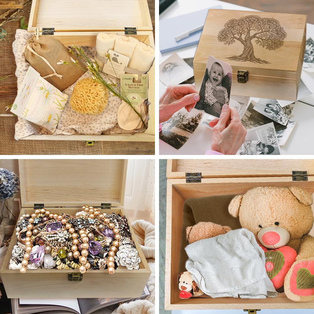 Arricraft Wooden Memory Box with Tree Pattern Decorative Wooden Memory Box with Hinged Lid for Photos Dvds Letters Capacity 24.5 X 19.5 X 10.3 Cm