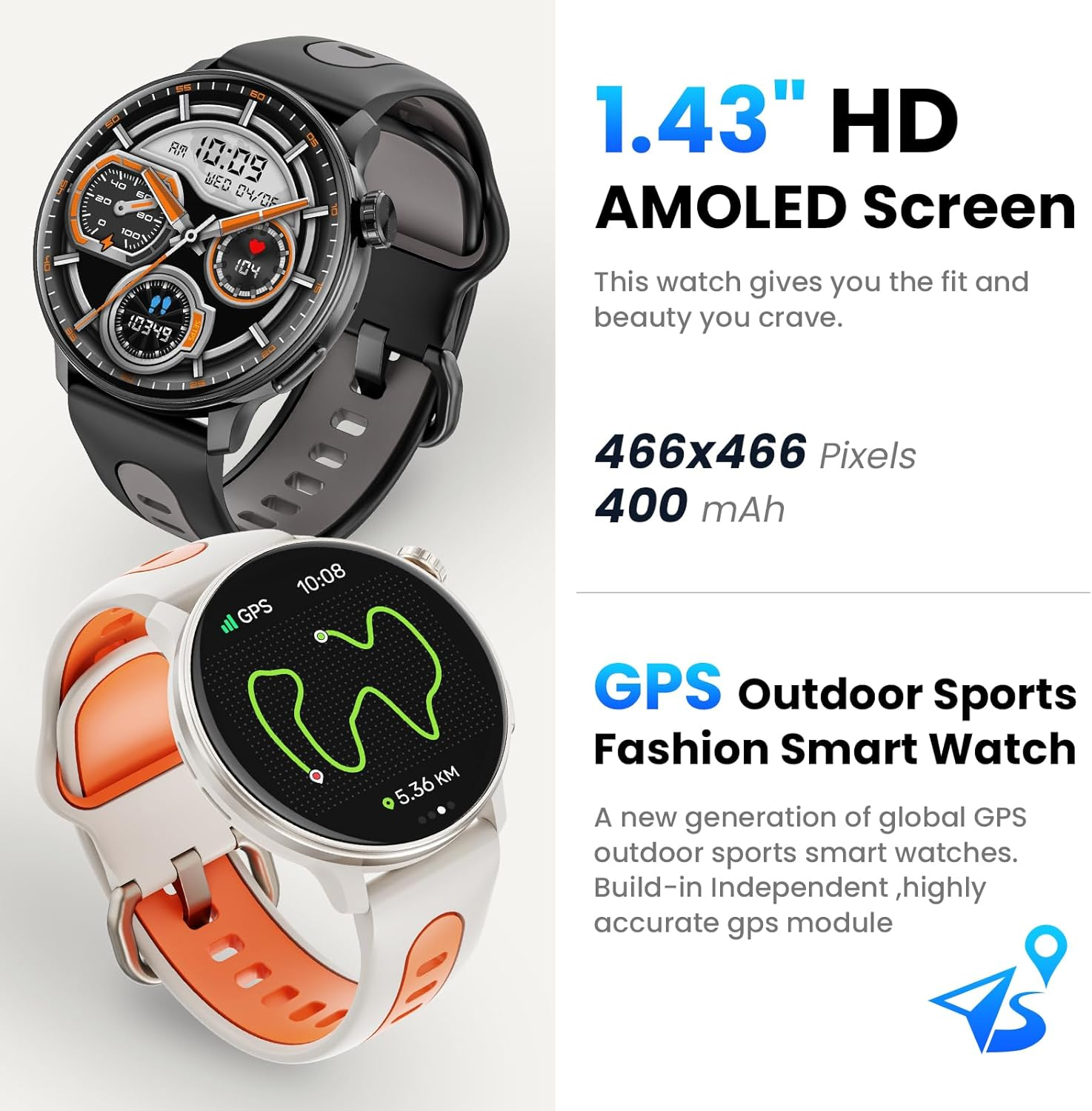 Smart Watch for Men Women GPS, 1.43'' AMOLED Smartwatch with Compass/Barometer/Altimeter 100+ Sports Fitness Tracker with Health Monitor for Android Ios 3ATM Waterproof Answer/Make Call - Orange image number 3