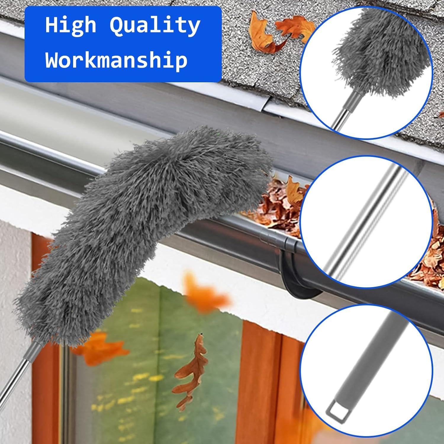 Ruaizel 8.2Ft Gutter Cleaning Tool from Ground, Adjustable Length Roof Gutter Cleaner Tools with Telescopic Pole, Telescopic Gutter Brush for Villas Townhouses Garden Leaves Ditch (Grey) - Grey image number 2