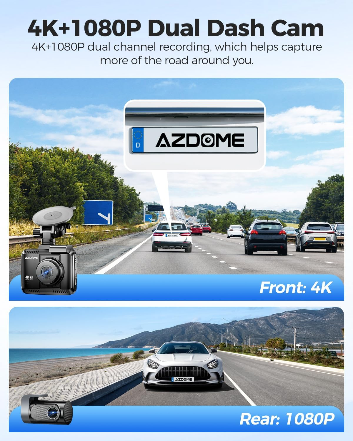 AZDOME 4K Dash Cam Front and Rear, STARVIS Night Vision, UHD 2160P Wifi Dash Camera for Cars with GPS, Included 64GB Card, 2.4" IPS Screen Dashcam, 170&deg;Wide Angle, WDR, 24H Parking Mode (GS63H Pro) image number 1