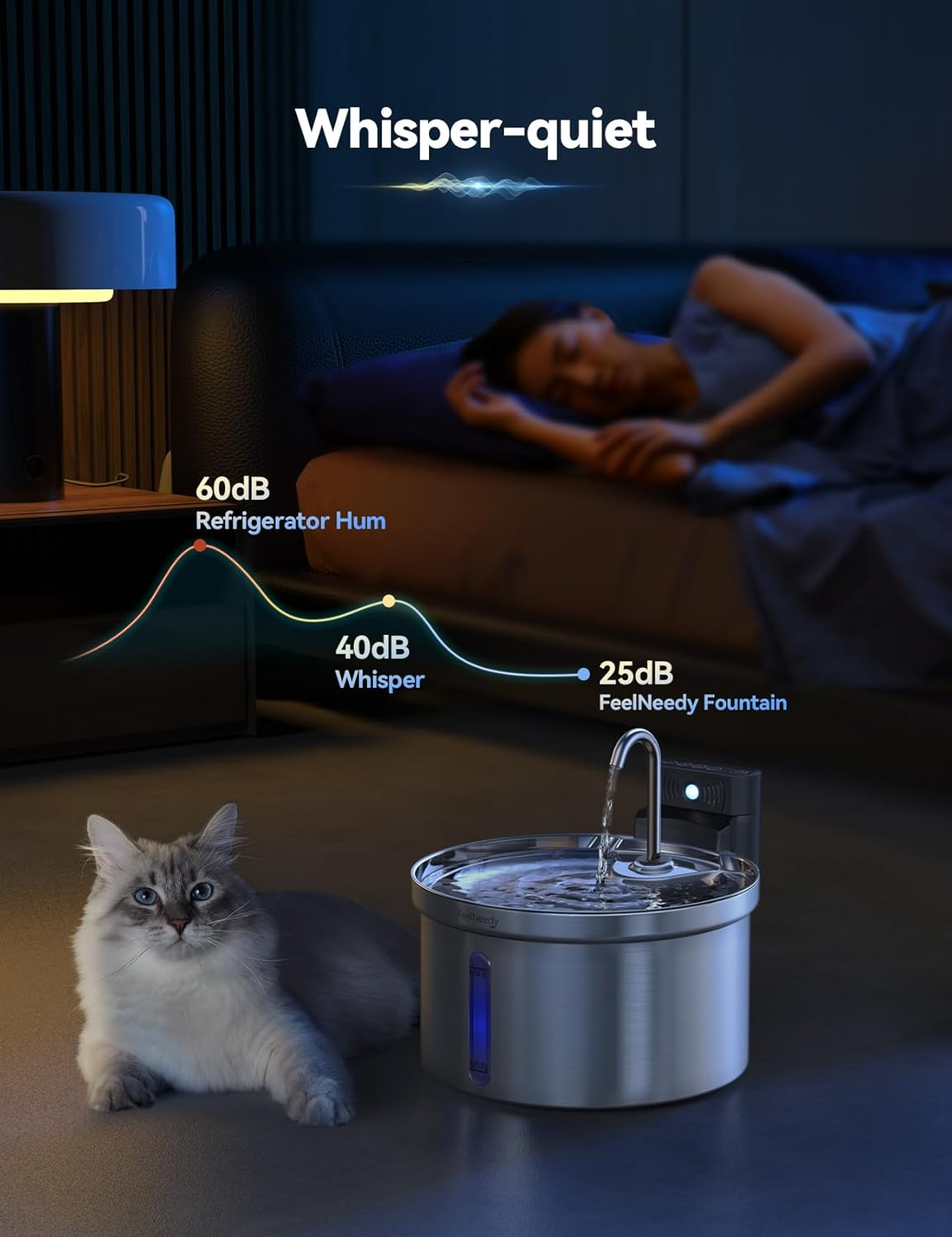 FEELNEEDY Stainless Steel Cat Water Fountain with 6 Filters, 3.5L/118Oz 4000Mah Battery Operated Cat Water Fountain with Motion Sensor, Water & Battery Separation (Fn-W08L-Stainless Steel+6 Filters) image number 4