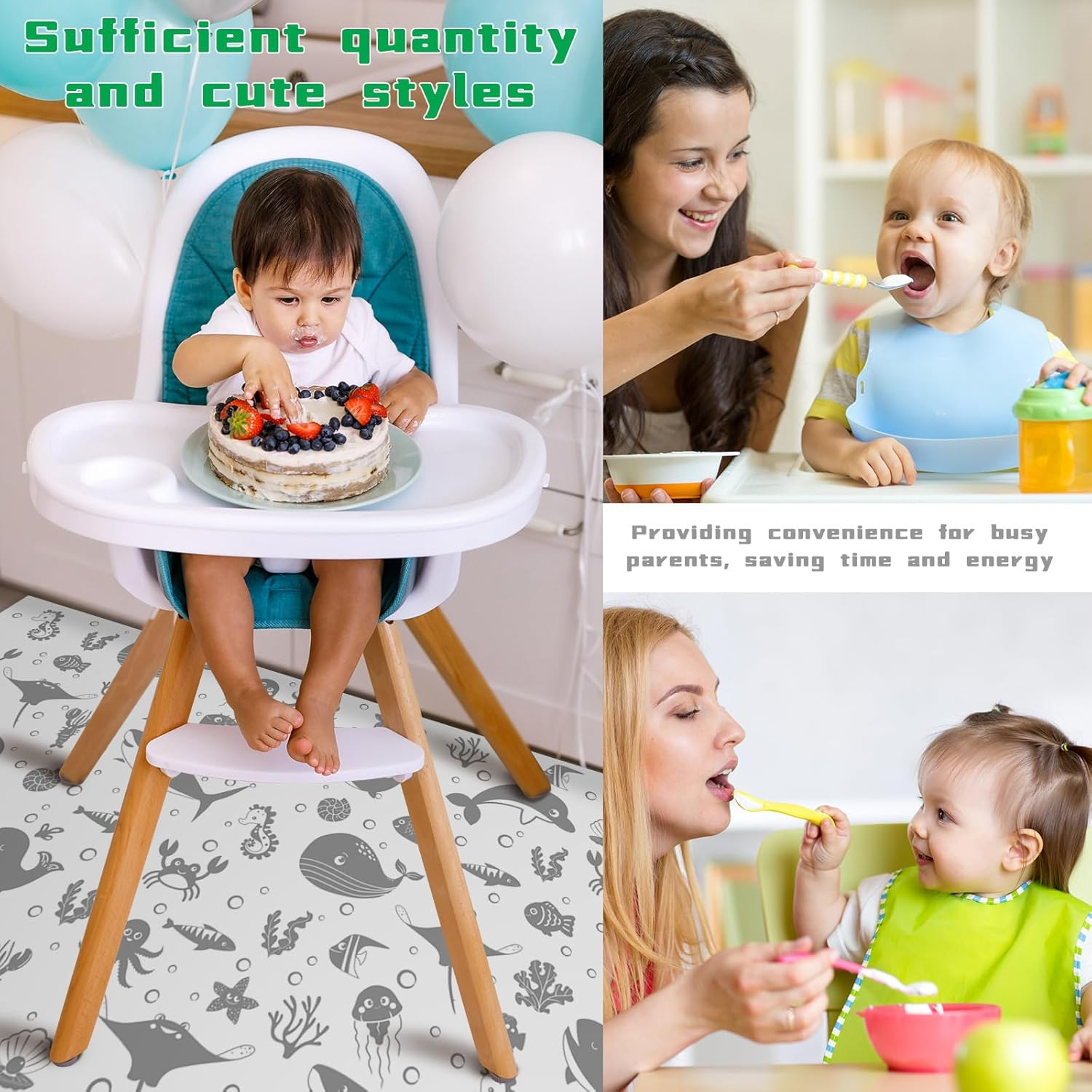 100 Pack 28"X47" Disposable Floor Splat Mats for under High Chair with Animals Print, Waterproof Plastic Floor Mat Multipurpose Baby Led Weaning Supplies(Sea Animal) image number 1