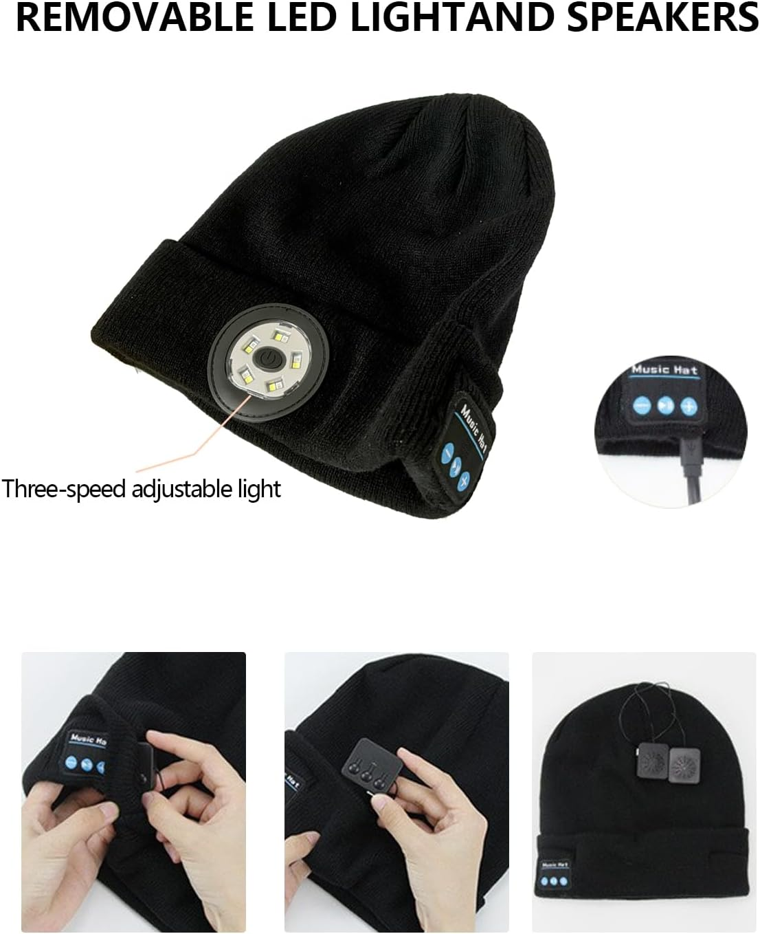 Bluetooth Beanie with a Light, Unisex USB Rechargeable LED Fashlight Hat with Cordless Headphones, Unique Christmas Birthday Gifts for Men Him Husband Teen Black