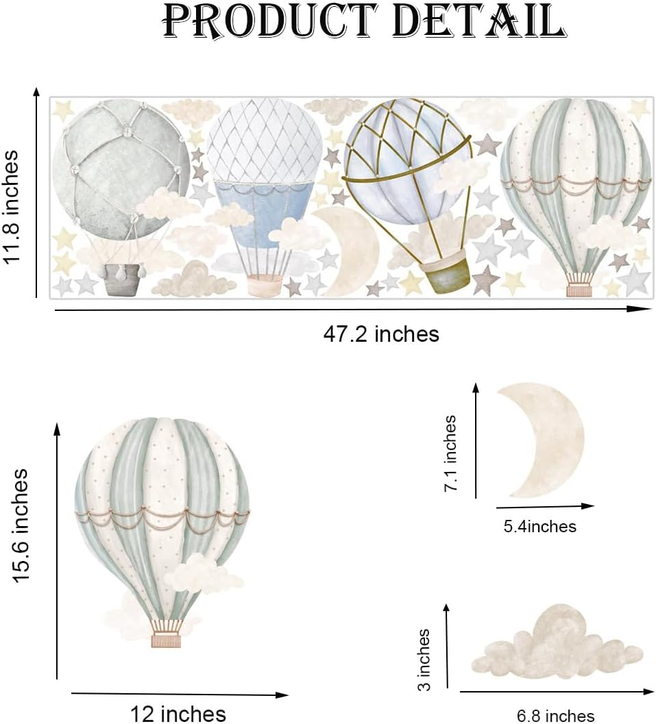 Watercolor Hot Air Balloon Wall Decals, Stars Clouds Balloon Vinyl Wall Stickers, Peel and Stick Colorful Artwork for Nursery Bedroom Toddler Room Playroom Decor image number 2