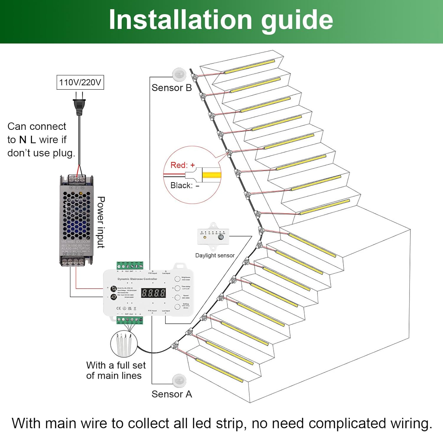 Intelligent Motion Sensor LED Stair Light Kit, Easy Installation with Main Wire, Daylight Sensor & Remote Control, 16 Steps Indoor Staircase Lighting, High Bright Warm White COB Strip CRI>90 image number 1