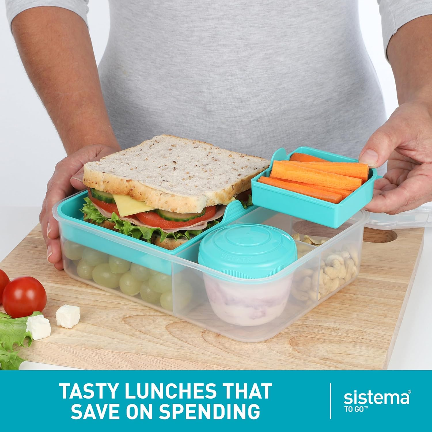 Sistema to GO Bento Box Cubes | 1.65 L | School Lunch Boxes with Compartments & Snack Pots | Bpa-Free | 2 Count | Minty Teal & Ocean Blue image number 4