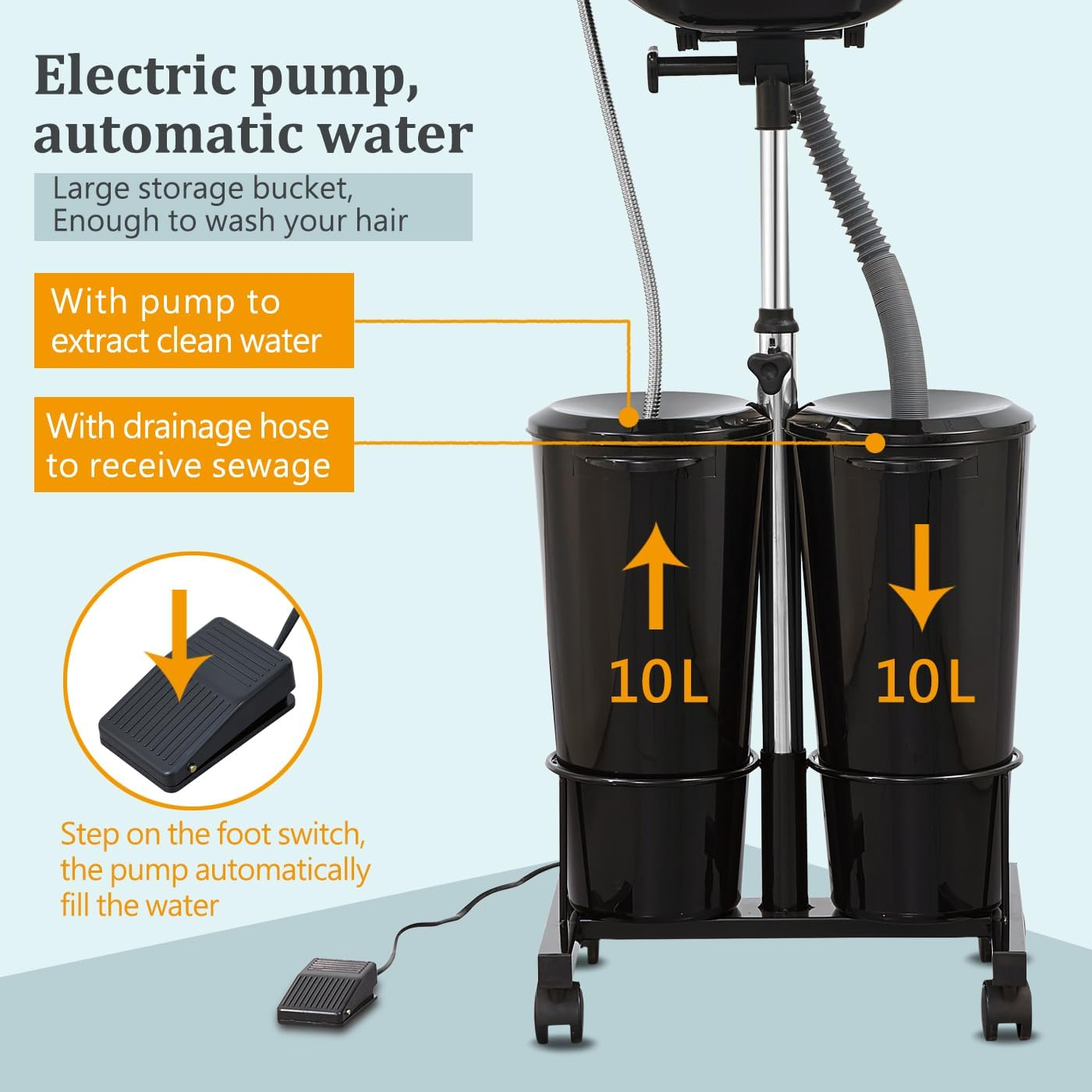 Nazalus Portable Shampoo Bowl with Electric Pump (Pack of 1) | Adjustable Basin Height, Dual-Bucket Design with Drain Hoses | Home & Barber Use | Black image number 3