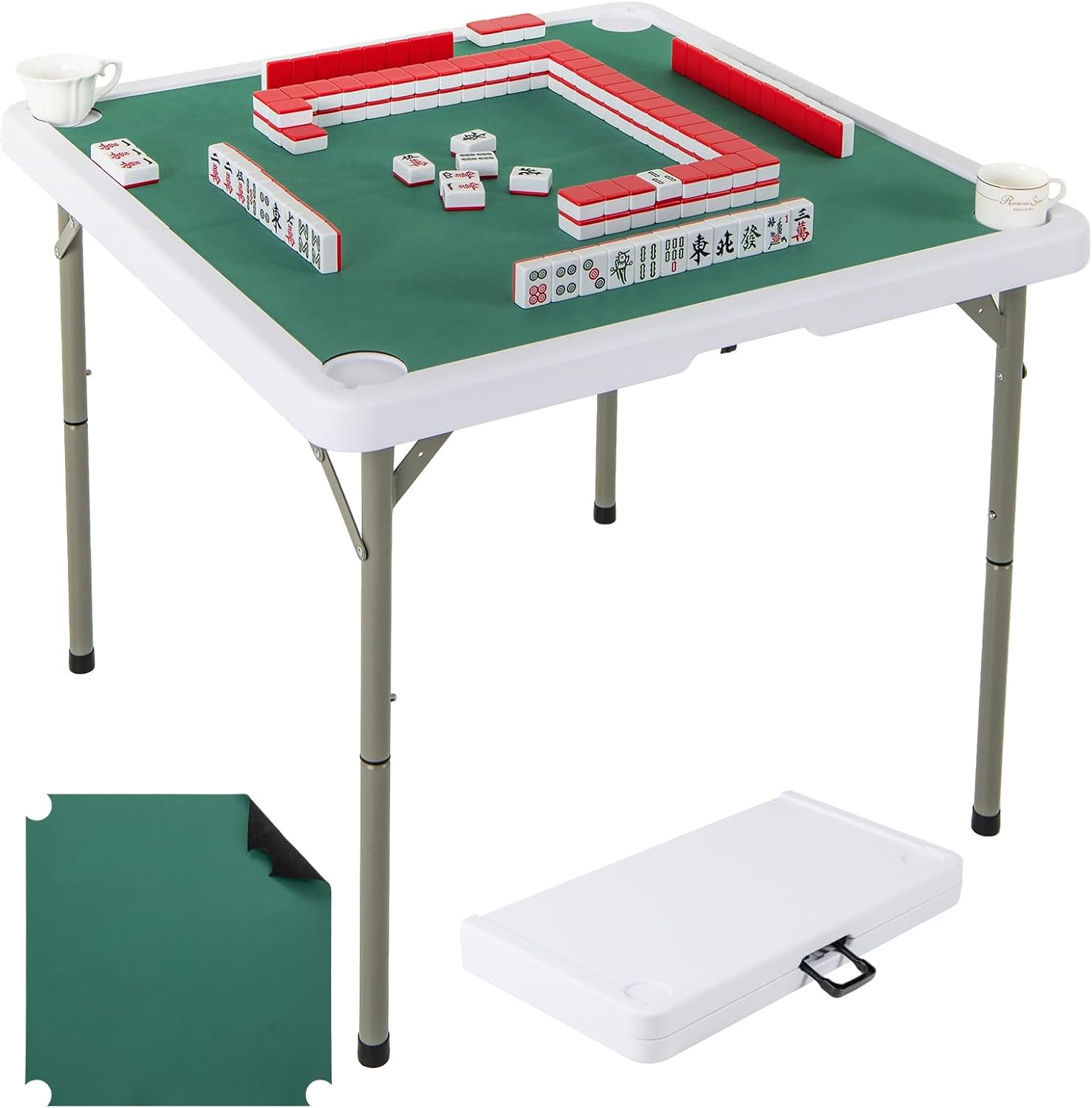 Giantex 90Cm Folding Mahjong Table, 4 Player Game Card Table W/Cup Holders & Smooth Felt Mat, Carrying Handle, HDPE Tabletop, Metal Legs, Portable Mahjong Game Table (Pure Green)