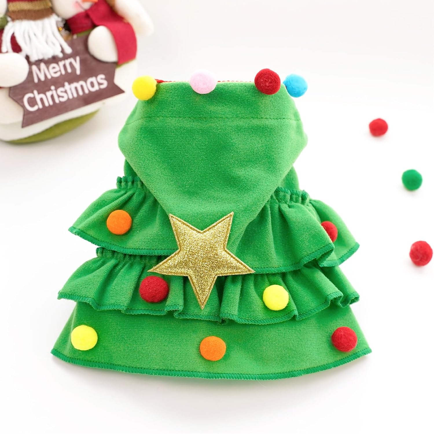 Cat Christmas Outfit Green Pet Cloak with Hat with Star and Pompoms Puppy Cape Clothes Xmas Tree Elf Costumes Party Pet Supplies Accessories for Small Dogs Cats Pet Santa Presents image number 1