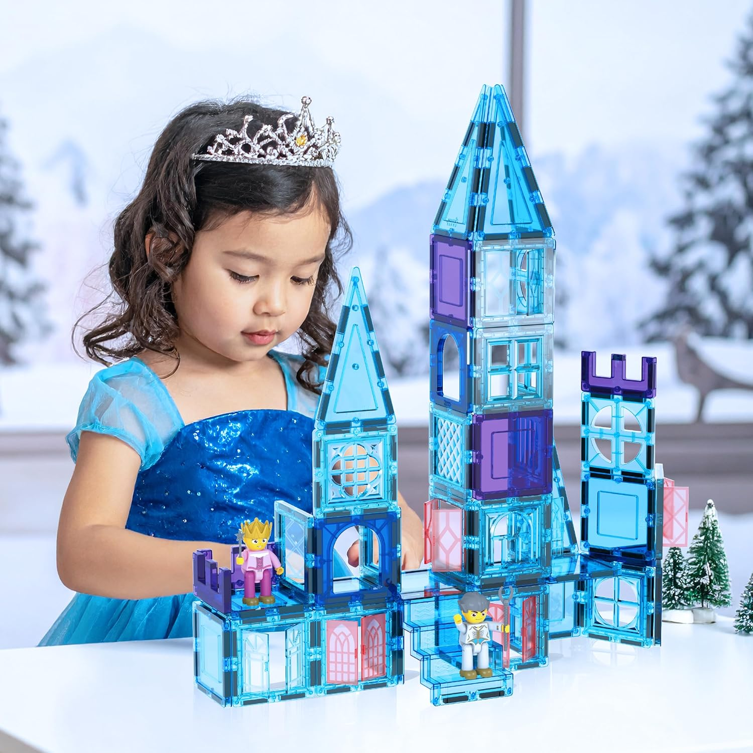 Picasssotiles 72 Piece Magnetic Building Tiles Castle Winter Ice Theme Construction Magnet Block Set with Princess Prince Character Stairs Windows Doors STEM Learning Educational Toy Kids Ages 3+ PT72 image number 4