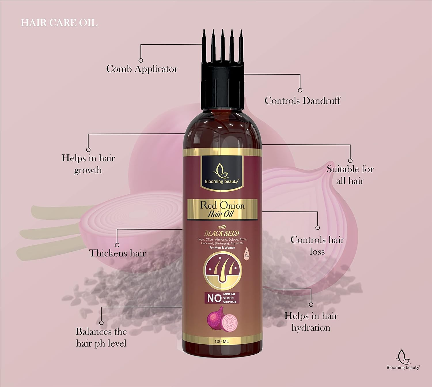 Blooming Beauty Onion Hair Oil for Hair Growth, anti Dandruff & Red Oninin | Onion Hair Oil for Anti-Dandruff, Long Hair, Hair Fall Controls, Baldness, Alopecia ,Hair Loss (100 Ml Comb Applicator ) image number 6