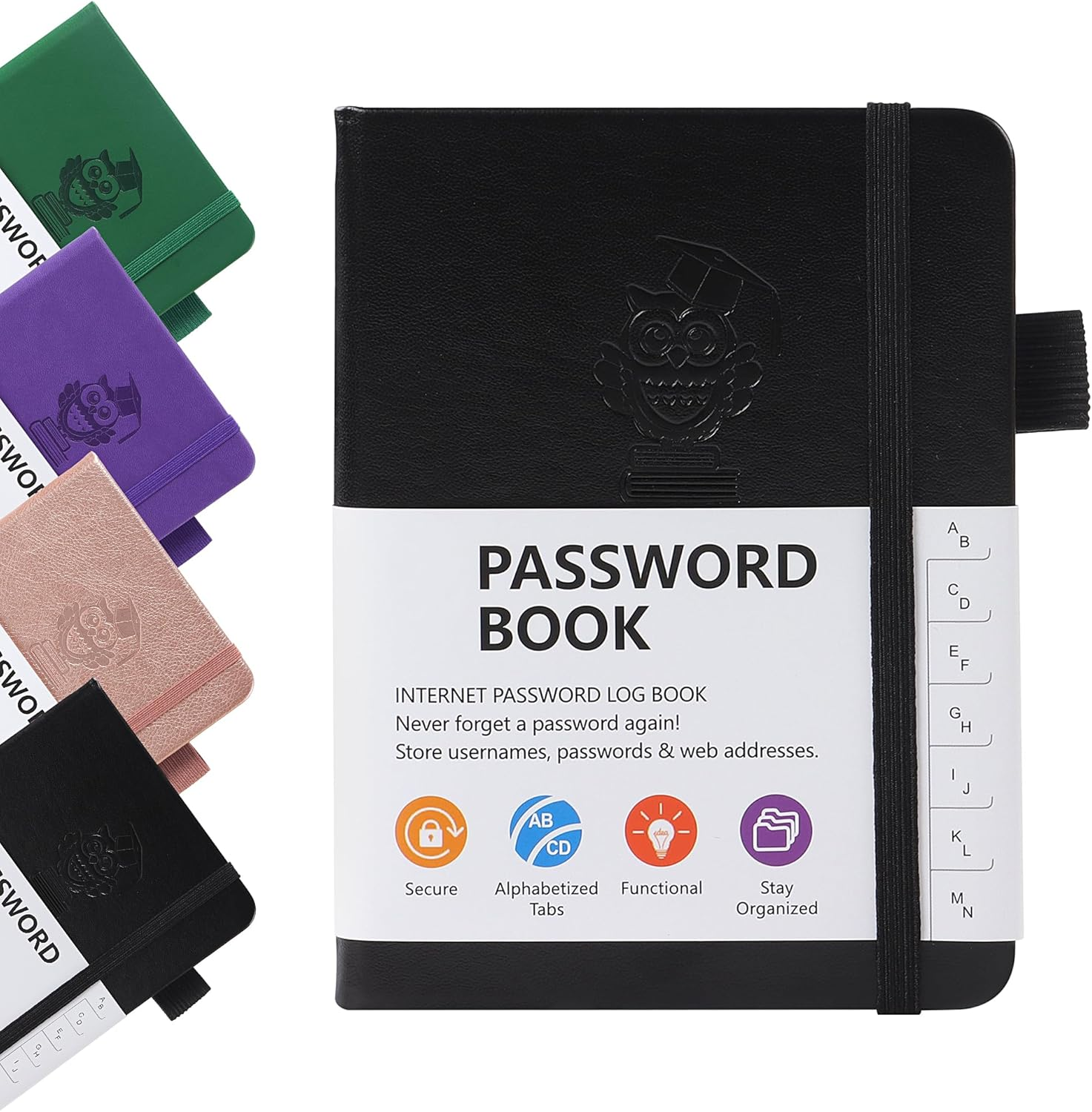 JUNART 4Colors A6 Password Book with Alphabetical Tabs and Elastic Pen Loop, PU Leather Cover, Secure Organizer for Home, Office and Travel（Purple）