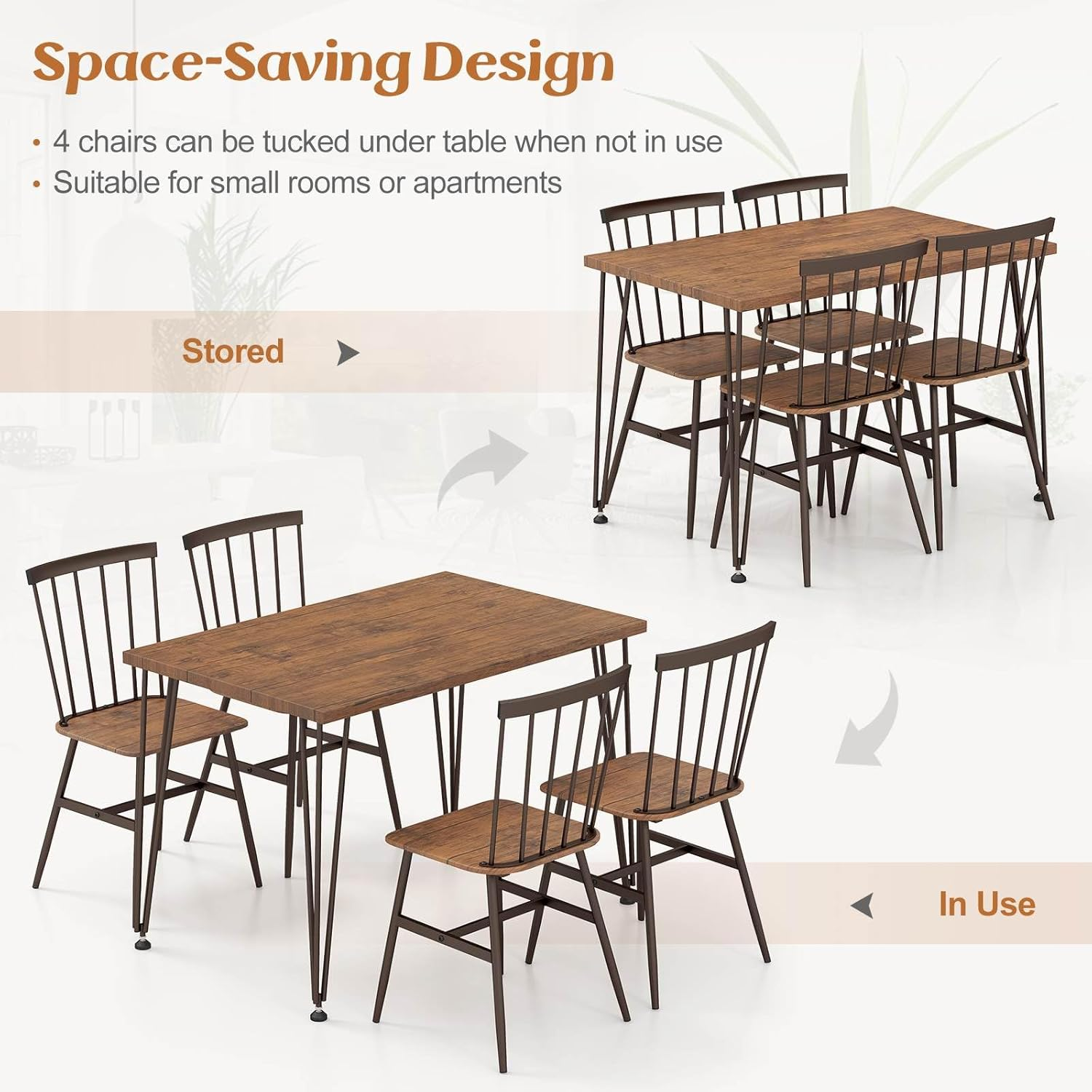 Giantex 5Pcs Dining Table Set for 4, Modern Kitchen Dining Room Furniture Set W/Kitchen Table, 4 Chairs, 360&deg; Swivel Feet, Metal Frame, Dinette Set for Small Place Home Office Breakfast Nook (Walnut) image number 5