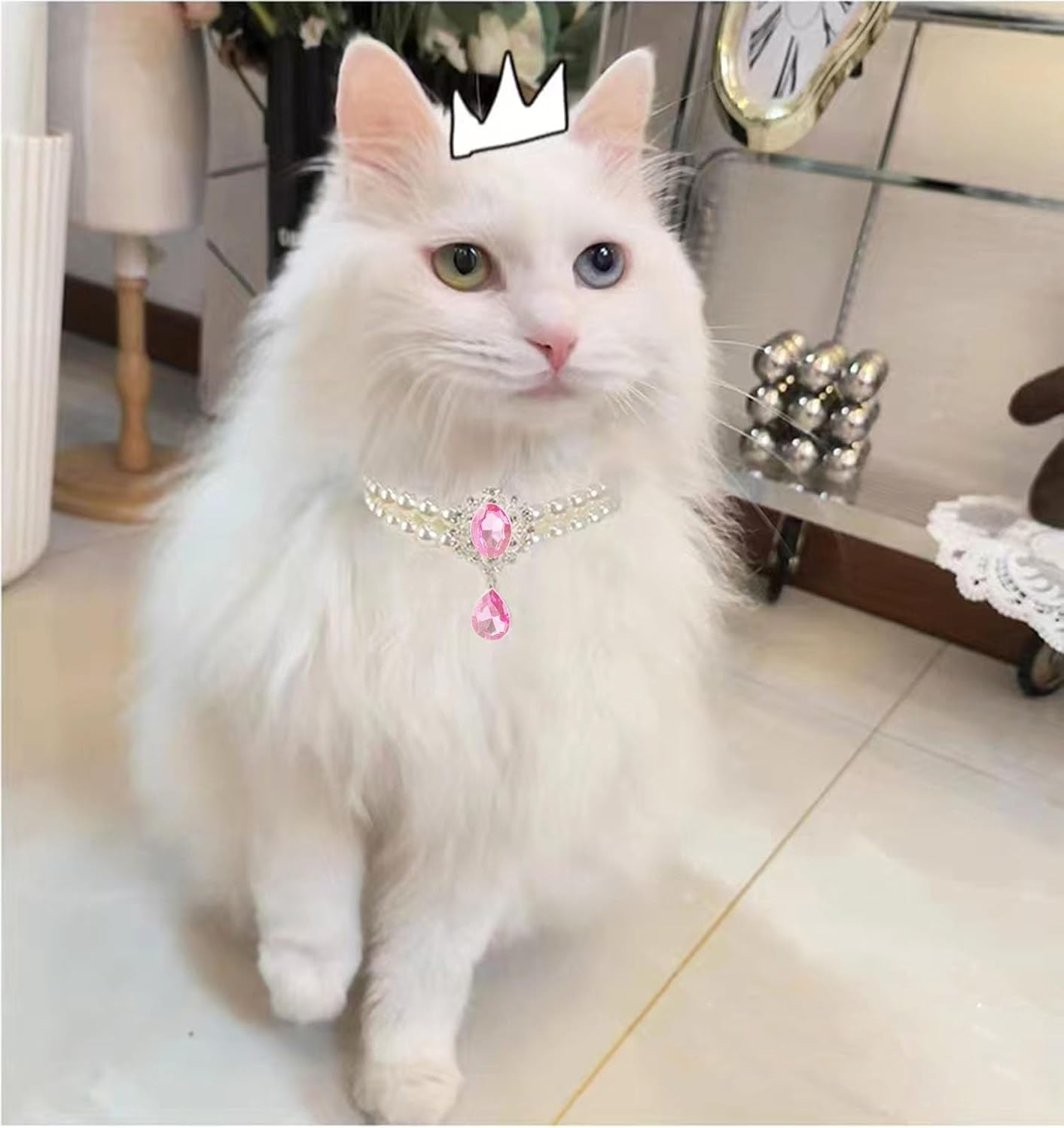2 Row Pearls Collar for Cats Pearl Dog Collar Rhinestone Necklaces for Small Dogs Collar Accessories Cat Pearl Collar (Pink, M) image number 2