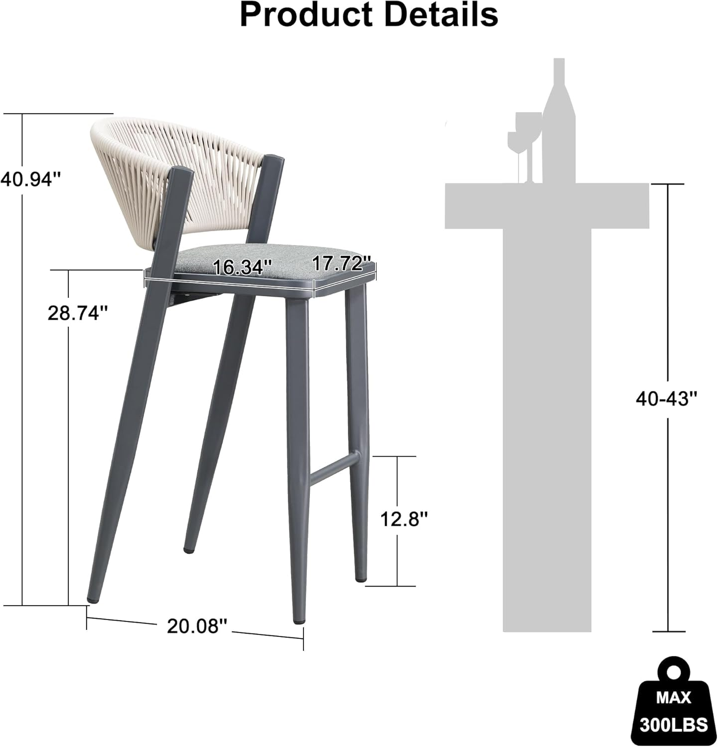Purple Leaf Bar Stools All Weather Metal Outdoor Chair with Comfy Rattan Back and Cushion Modern Bar Height Stool for Patio Balcony Pool Dining Room Outdoor Indoor,Grey image number 2