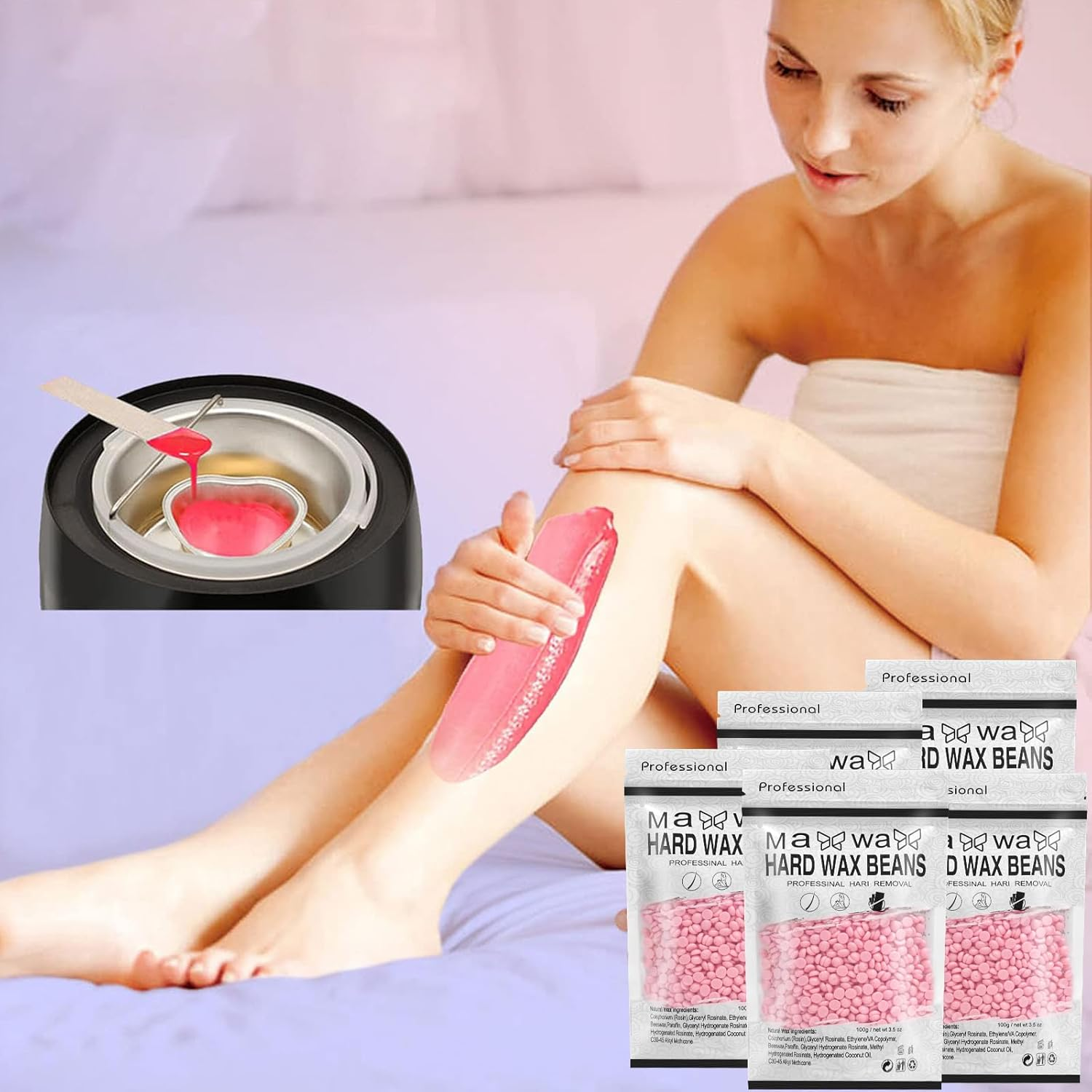 500G Hard Wax Beads for Hair Removal with 10 Sticks, Wax Beads for Sensitive Skin, Body Wax Beads for Thick Hair, Waxing Beads for Face, Eyebrows, Body, Home(100G/Pack) (5 Pack, Rose) image number 5