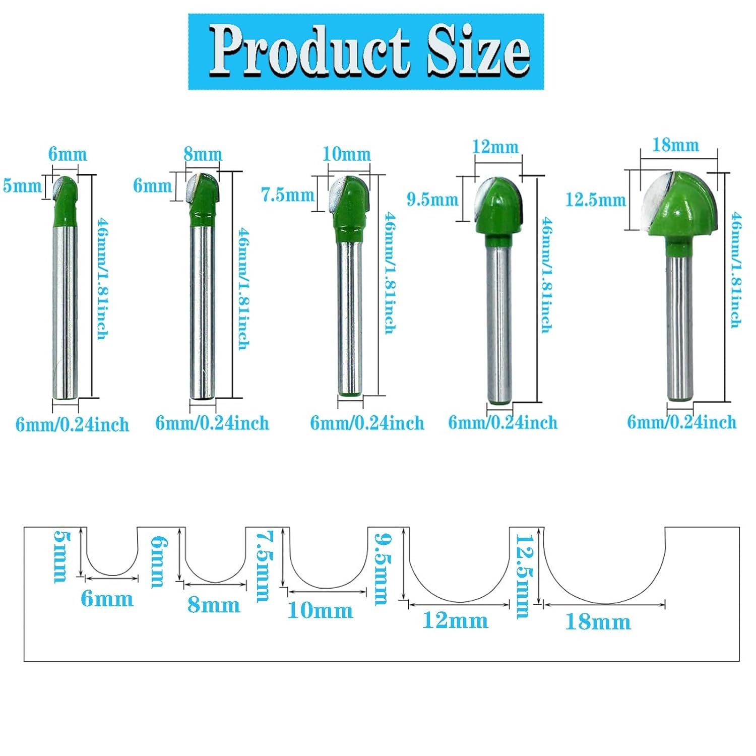 YUENTOEN 5 Pieces Trim Bits round Nose Cove Box Router Bit, Woodworking Milling Cutter Tool Kit for Home Improvement and DIY