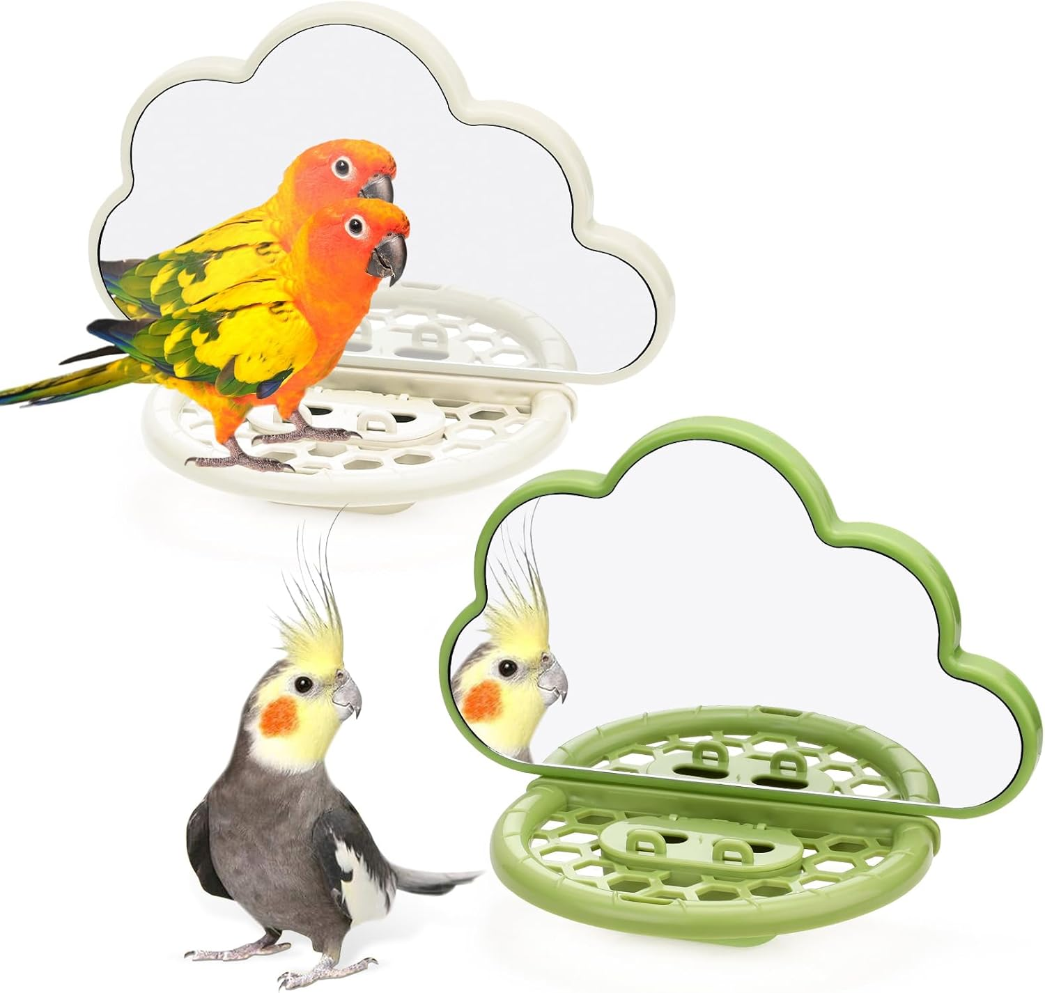 Bird Mirror, Bird Cage Mirror, Bird Toy Bird Cage Mirror for Parakeets, Bird Cage Feeders, Bird Perches for Cage, Bird Cage Accessories (Beige, Green) 2 Pack image number 6