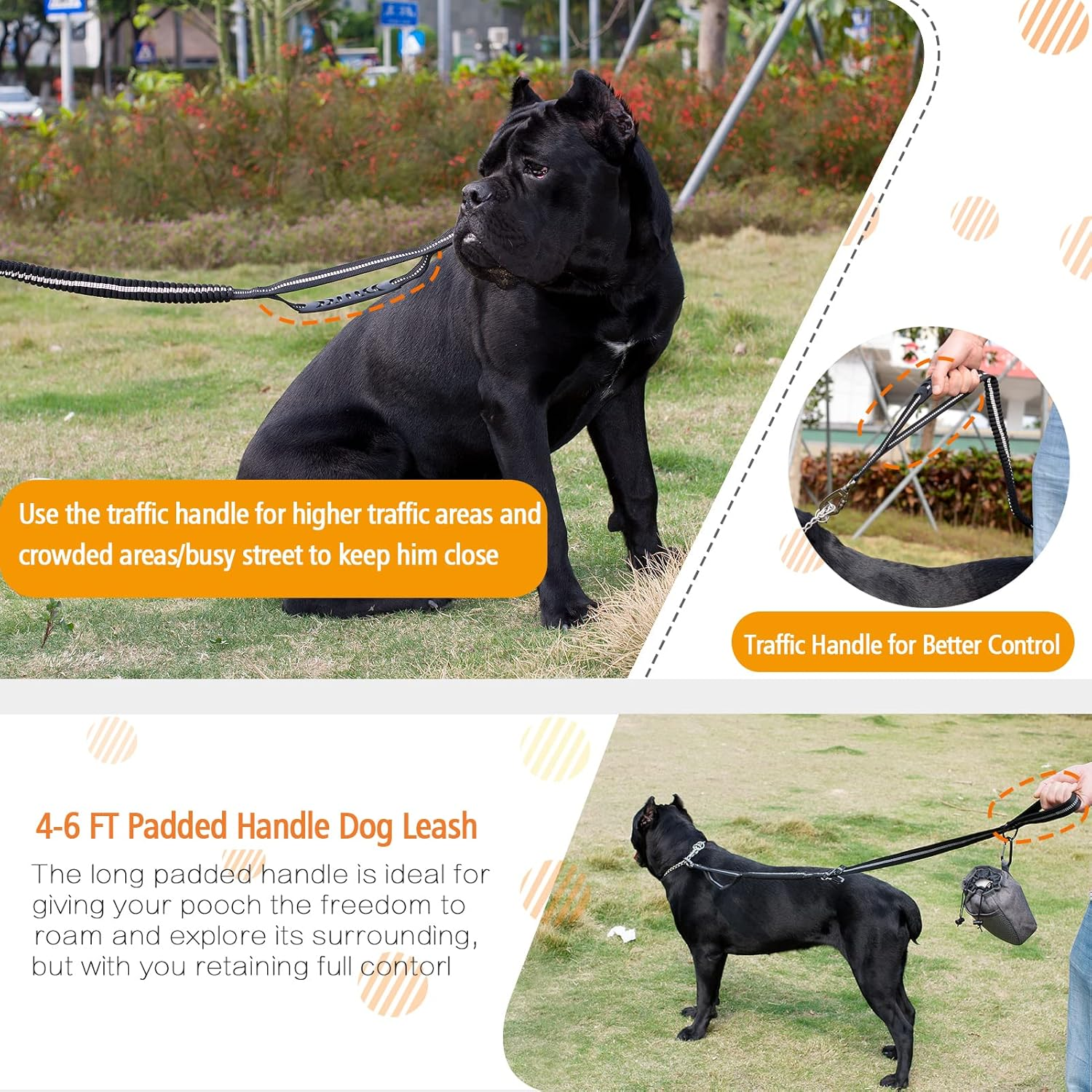 Fashion&Cool Heavy Duty Dog Leash Especially Large Dogs up to 150Lbs, 4-6 Ft Reflective Dog Walking Training Shock Absorbing Bungee Leash Car Seat Belt Buckle, 2 Padded Traffic Handle Extra Control image number 6