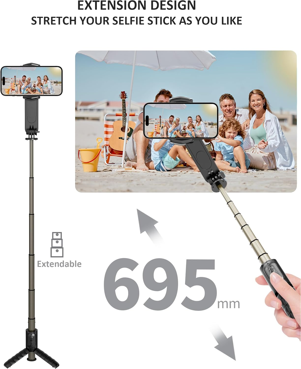 Selfie Stick Gimbal Stabilizer,With LED Fill Light, Bluetooth Remote, 360&deg; Auto Rotation, 6-Section Extendable Tripod & Portable Foldable Selfie Stick Stand Tiktok Vlog Youtuber Live Video Recording image number 3