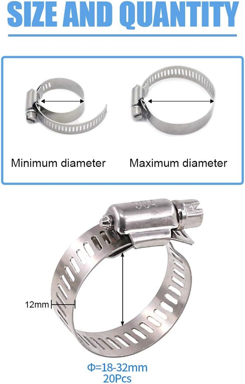 Glarks 20Pcs 304 Stainless Steel Adjustable 18-32MM Range Worm Gear Hose Clamps Assortment Kit, Fuel Line Clamp for Water Pipe, Plumbing, Automotive and Mechanical Application (18-32MM) image number 5