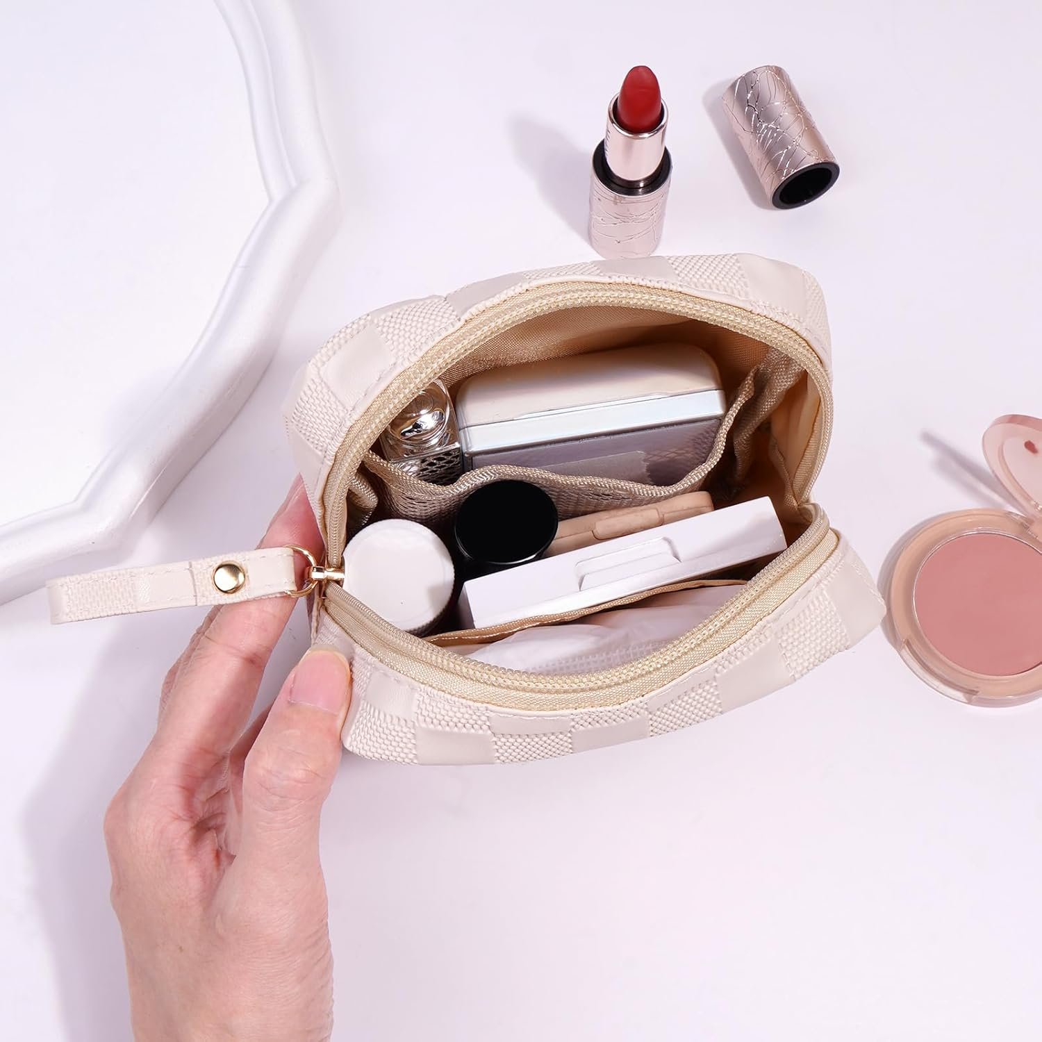 MAGEFY Small Makeup Bag for Purse, Checkered Makeup Bag Small Pouches for Purse Leather Mini Make up Bag Cute Cosmetic Bag for Women with Slip-In Pockets (Beige) - Blue-L image number 3