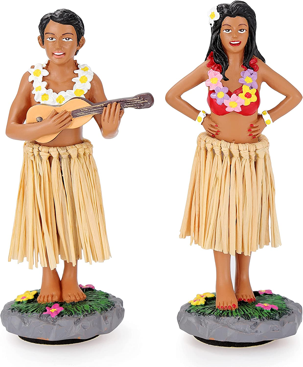 Hula Girl Dashboard Bobbleheads for Driver Hula Boy Dashboard Decorations Hula Dancer Dashboard Bobble Hula Girl Couple Mini Size 4.72" High（2 Pack） image number 1