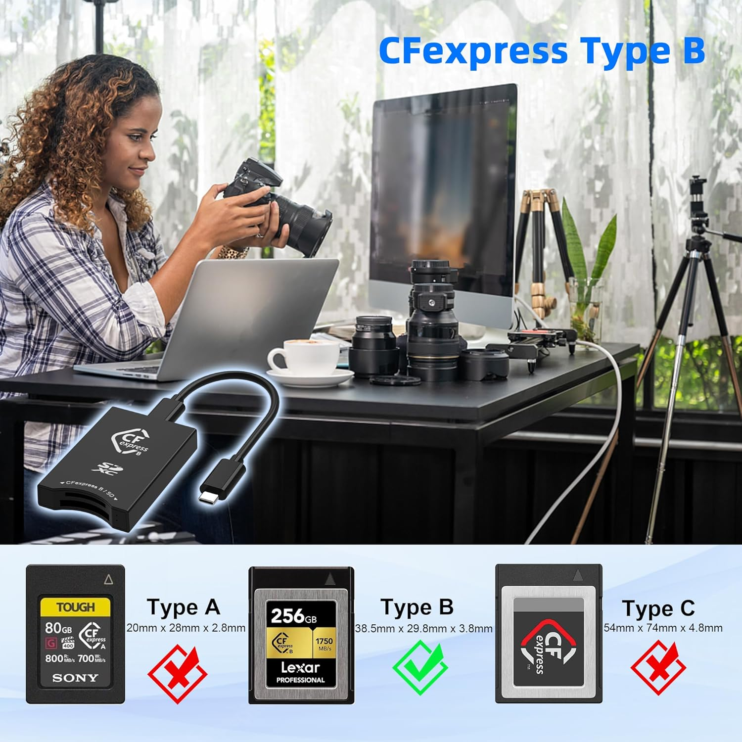 Cfexpress Type B USB3.2 GEN 2 10Gbps Card Reader, Dual Slot Portable Cfexpress Type B/SD Memory Card Adapter with USB A/USB C Connectors, Camera Card Reader Compatible with Windows/Mac Os/Linux image number 5