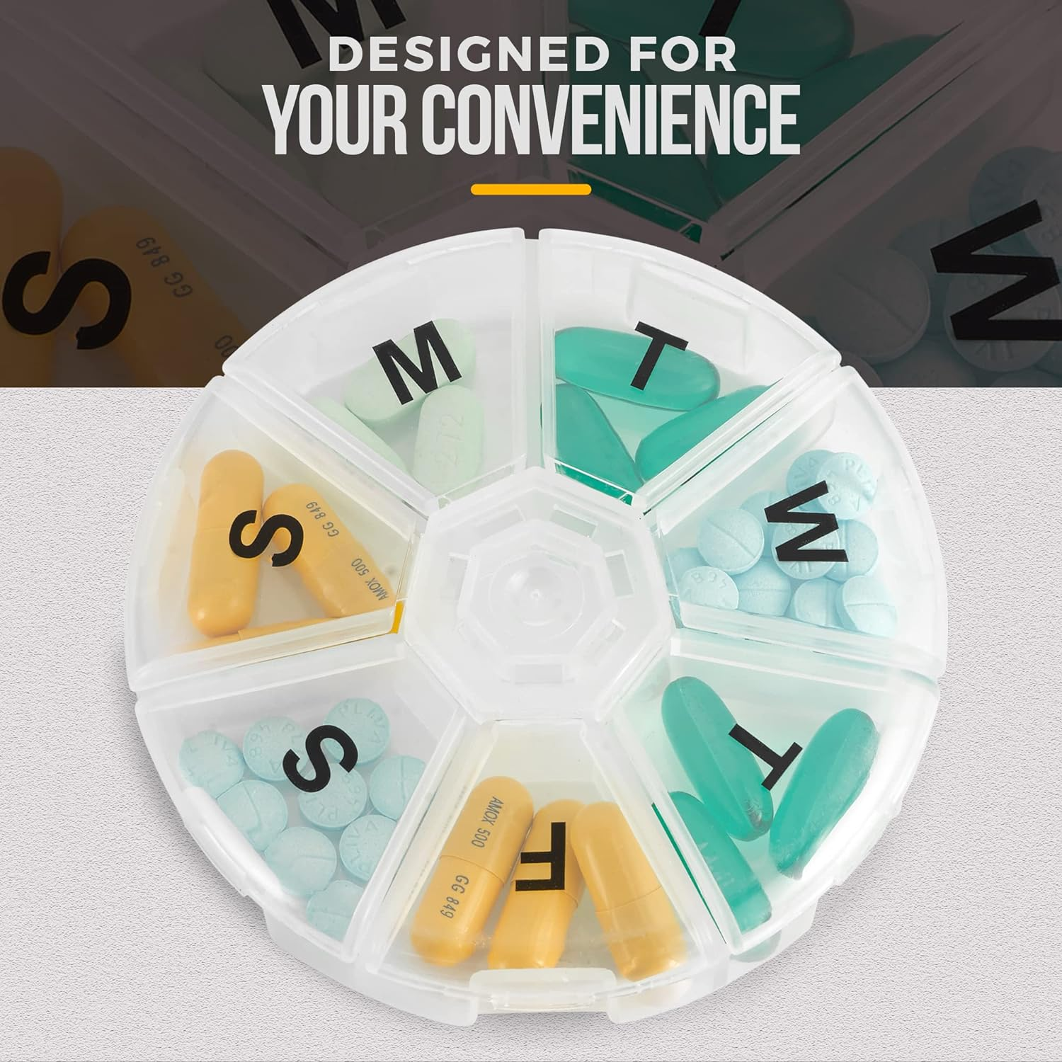 Weekly Pill Organizer - Pack of 2 - Large round Travel Medication Reminder Daily Monday to Sunday Compartments, 7 Days image number 5