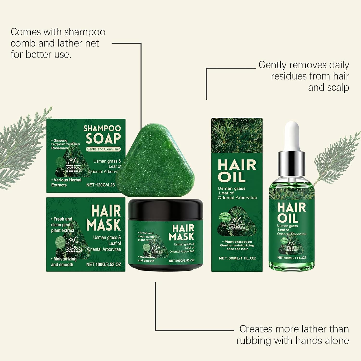 Arborvitae Leaf Hair Care Set Hair Oil Shampoo Bar Hairs Mask Set, Usman Grass Solid Shampoo Bar for Oily Scalp, Nourishing Mask for Dry Damaged Hairs, Usman Grass Oil for Frizz Control (2Set) image number 6