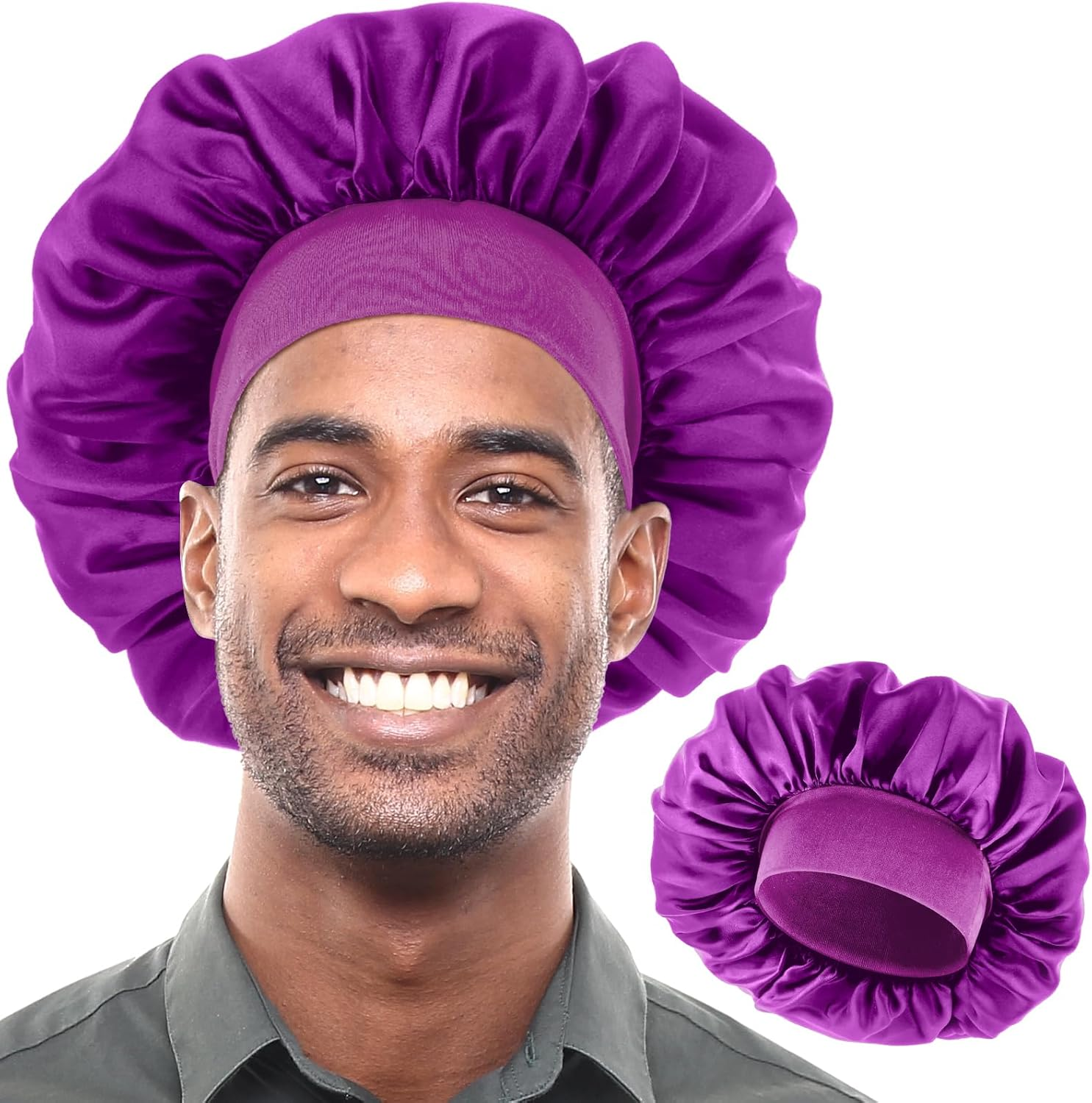 Bonnet for Men, Silk Satin Sleep Cap Single Layer Elastic Band Stretchy Tie Band Wide Soft Adjustable Hair Cap Large Silk Bonnets for Women Curly Hair Sleeping Black, Black, 3