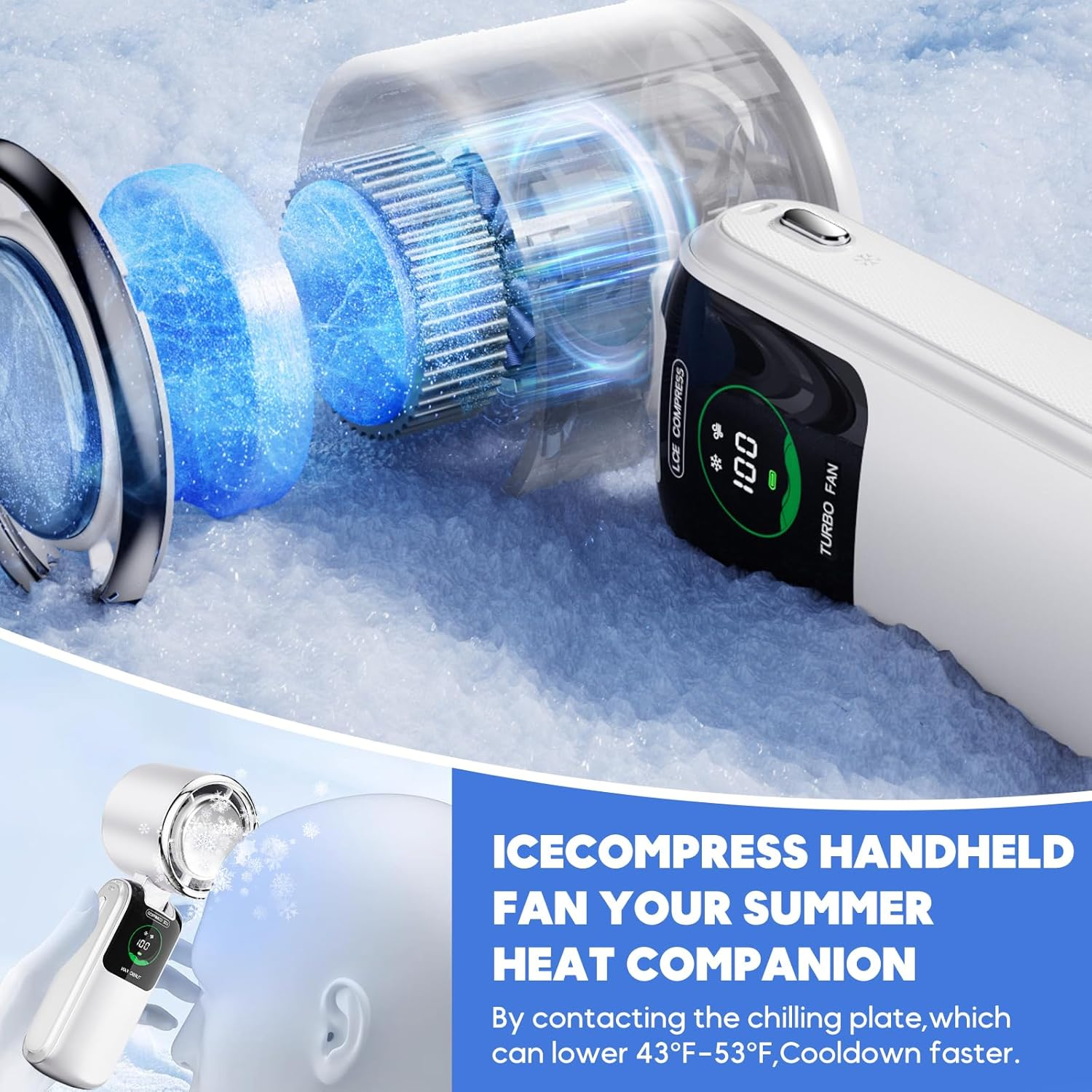 Handheld Fan with Cooling Plate, Portable Fan with Ice Cooler, 3-Second Fast Cooling, Rechargeable 4000Mah, 4 Speeds, Handheld Hanging Neck Desktop image number 3