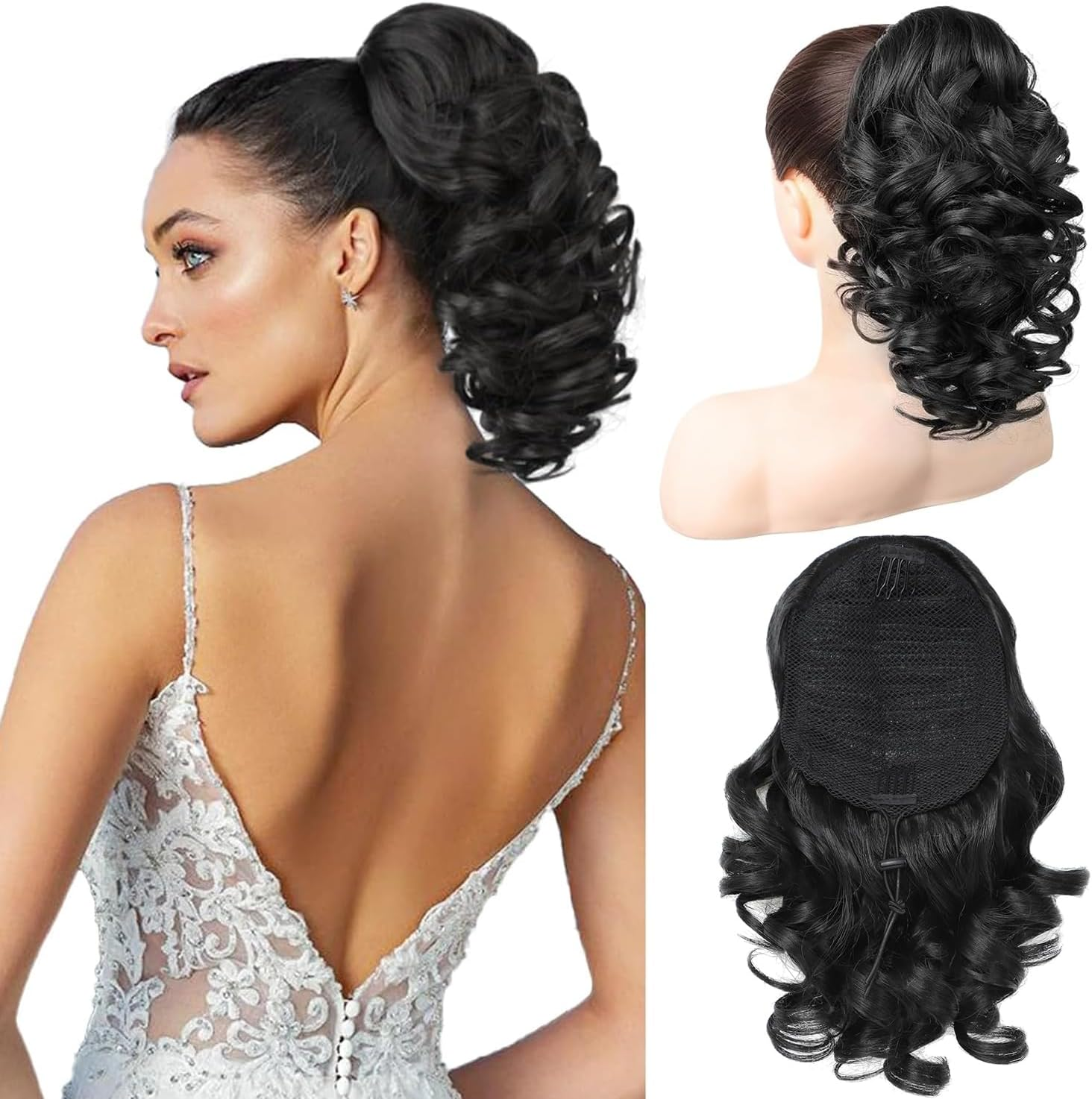 PORSMEER Ponytail Hairpiece with Drawstring, Short Wavy Braid Extension Hair Extensions, Synthetic Wavy Hair Extensions, Clip-In Ponytail, Silver-Grey for Women, 26 Cm