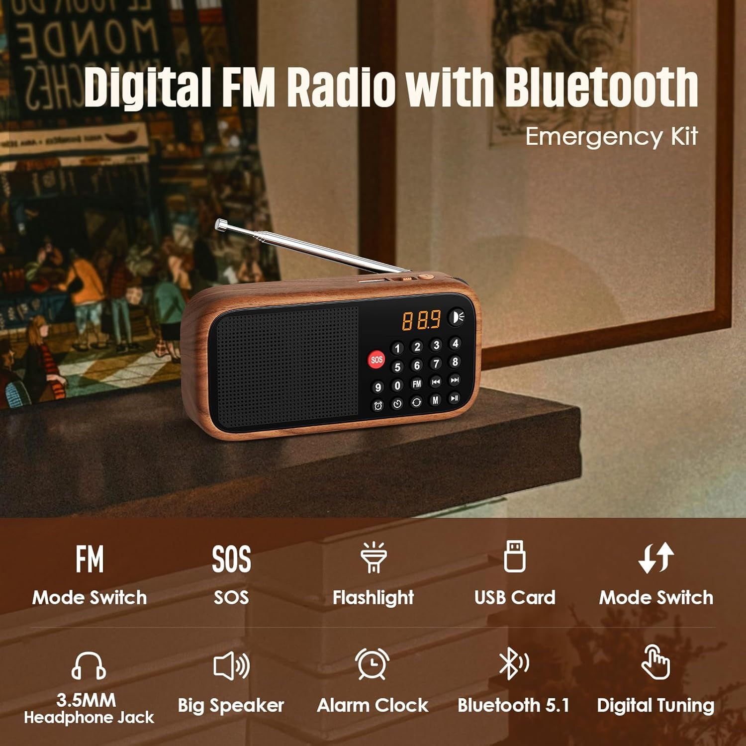 LEOTEC Rechargeable FM Radio with Bluetooth,Digital Radio,Portable Vintage Wood Table Alarm Clock Radios with 1800Mah Lithium Battery,Type-C Charging/Sos/Aux/Usb,Great for Seniors image number 1
