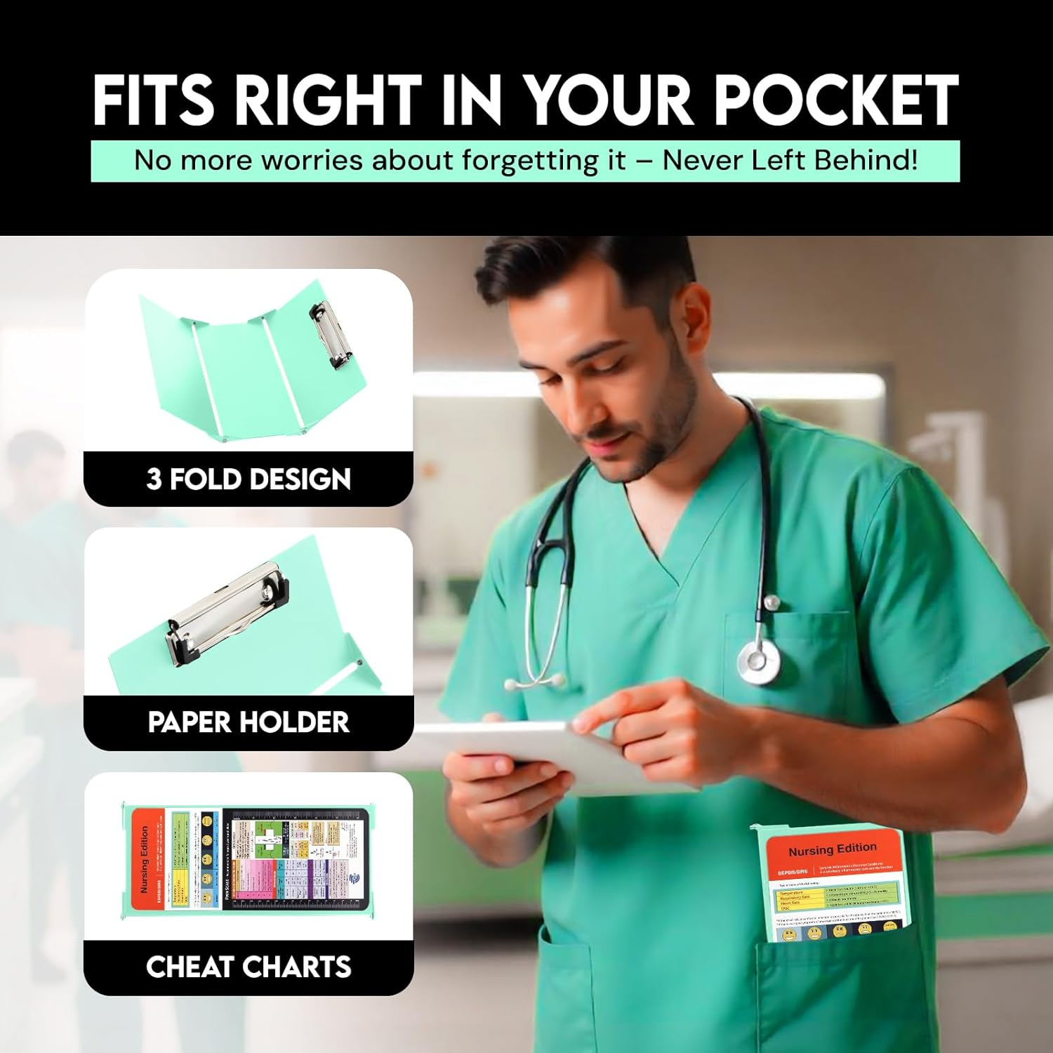 Nursing Clipboard with Nursing and Medical Edition Cheat Sheets 3 Layers Aluminum Foldable Nurse Clip Boards Notepad for Students, Nurses and Doctors (Mint) image number 3