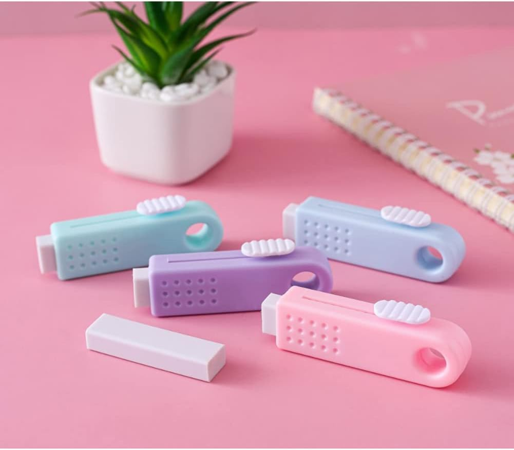 4 Pack Sliding Retractable Click Eraser Assorted Soft Colors Pastel Erasers Push Pull Aesthetic Erasers with Plastic Sleeve for Students Kids, School Office Home Supplies image number 2