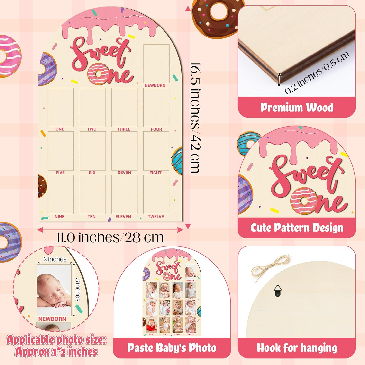 R HORSE My First Year Photo Frame Board, 3D Sweet One Birthday Party Decorations, Baby First Year Picture Frame 12 Months Milestone Display Wood Board 1St Birthday Nursery Decor Gift for Boy Girl image number 1