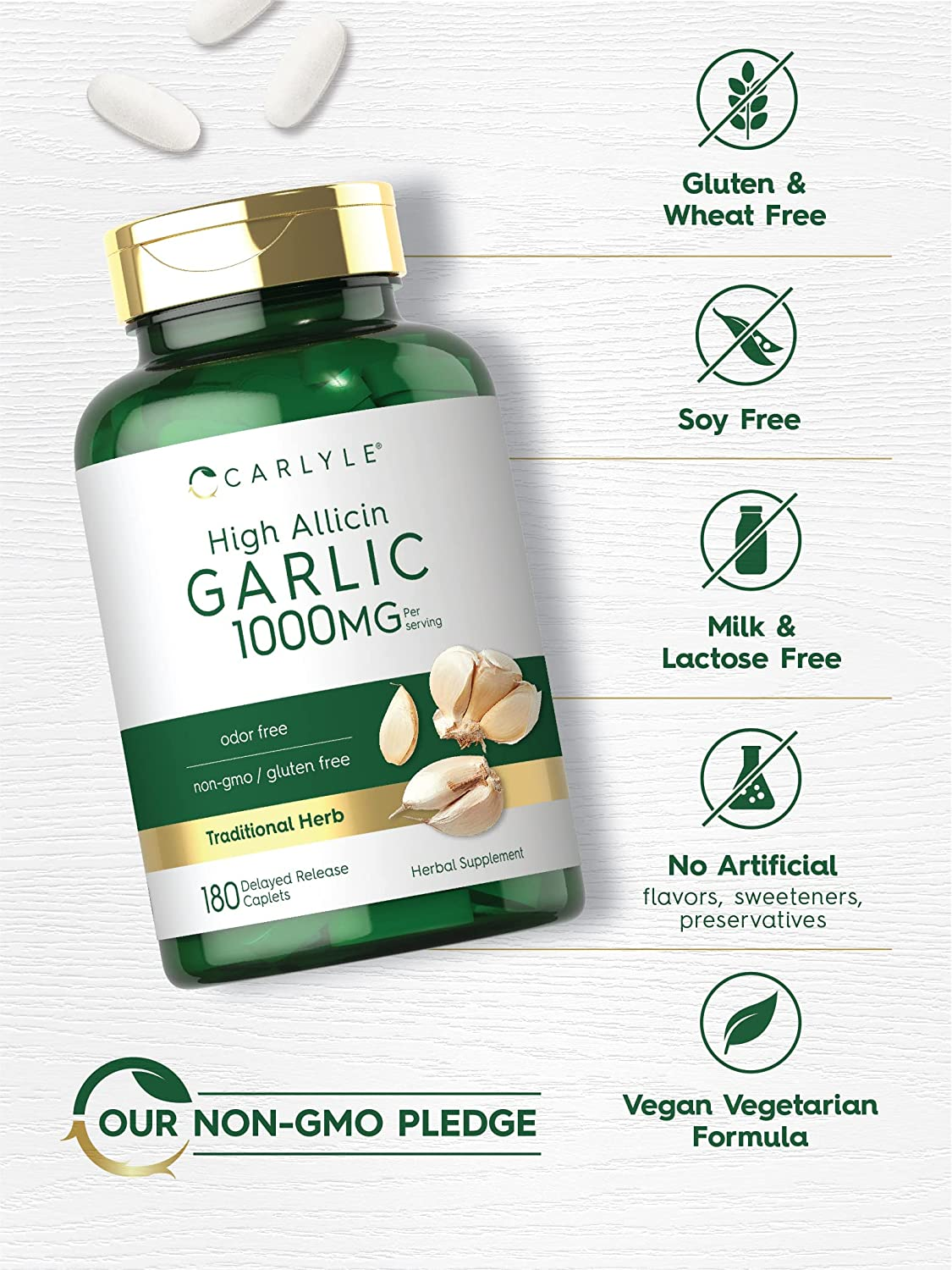 High Allicin Garlic Supplement 500Mg | 180 Caplets | Odorless Garlic Pills | Vegetarian, Non-Gmo, Gluten Free | by Carlyle image number 2