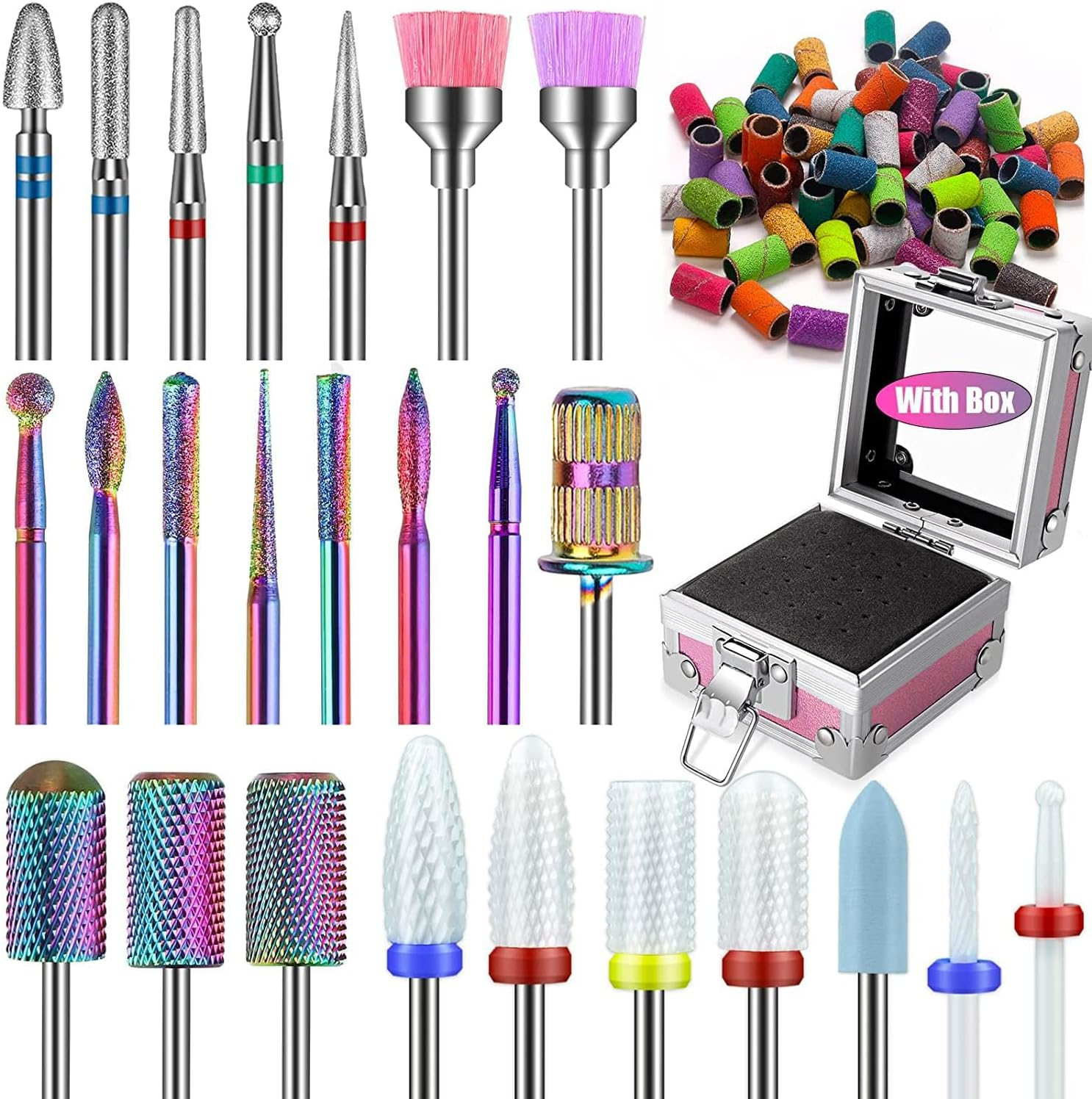 25Pcs Nail Drill Bits Set with Pink Holder and 50Pcs 8 Colors Sanding Bands, Tungsten Carbide Ceramic Diamond 3/32 Inch Nail Drill Bits Remove Acrylic Poly Nail Gel Nail Polish image number 6