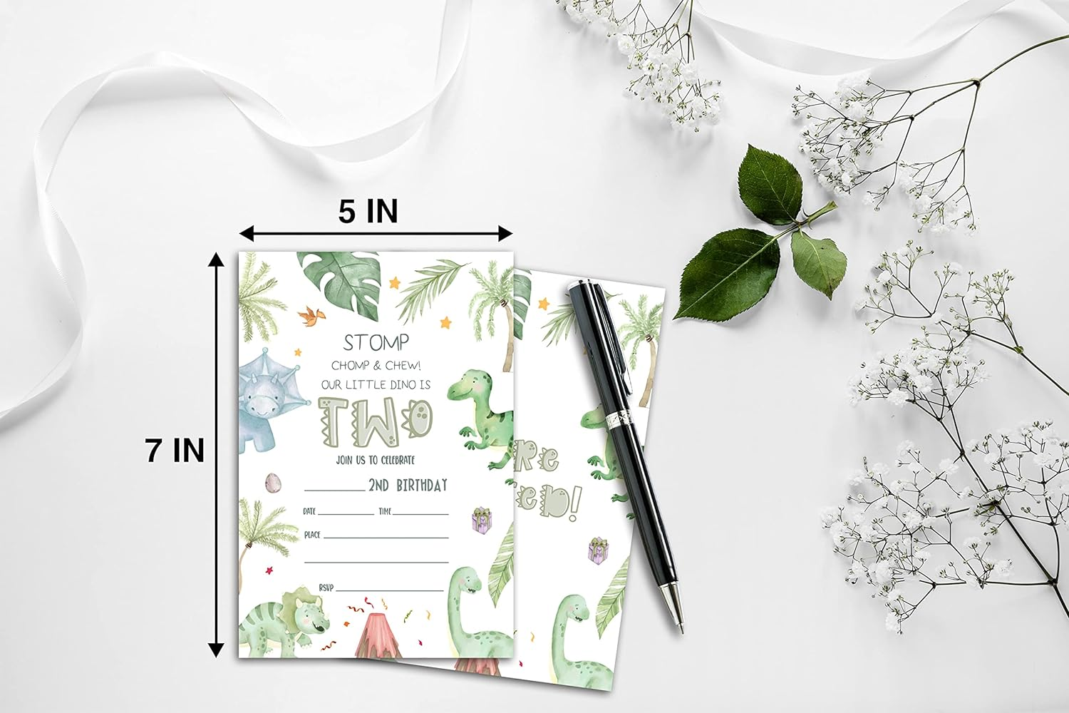 2Nd Birthday Party Invitations for Boys or Girls, Dinosaur Theme Birthday Parties Supplies Decorations, Tropical Dino Theme Fill-In Invites, 4" X 6" Double-Sided Cards(20 Invitations and Envelopes)-C09 image number 2